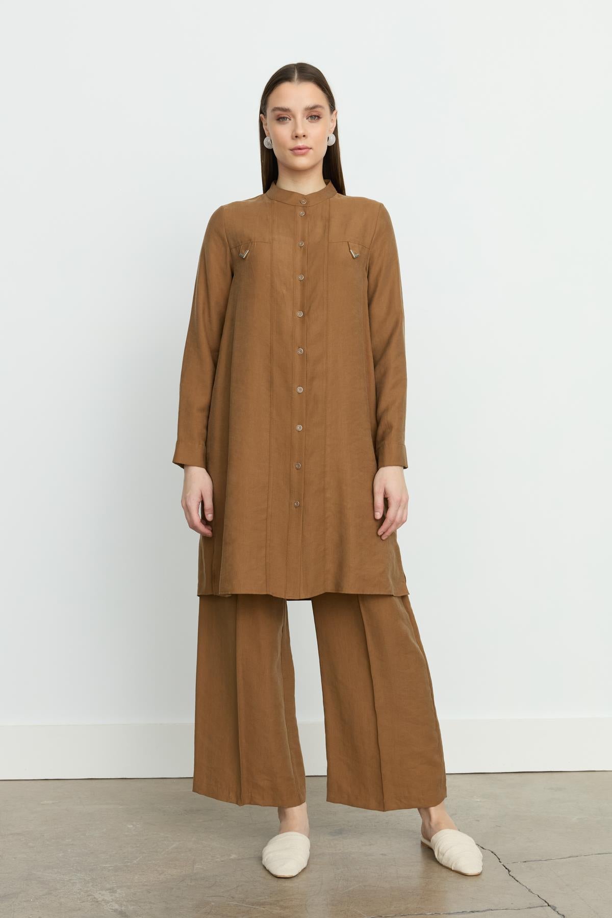 Aller Detaylı Tencel Tunik Açık Kahve
