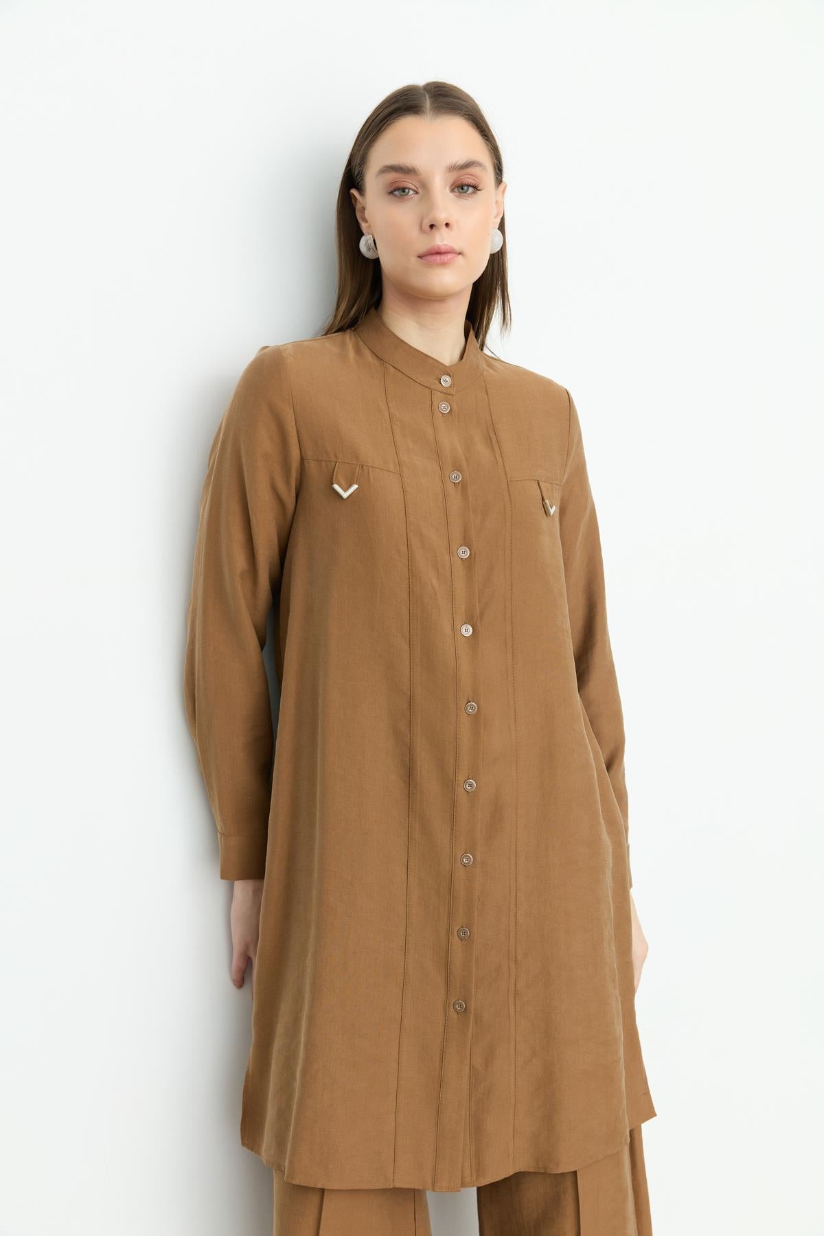 Aller Detaylı Tencel Tunik Açık Kahve