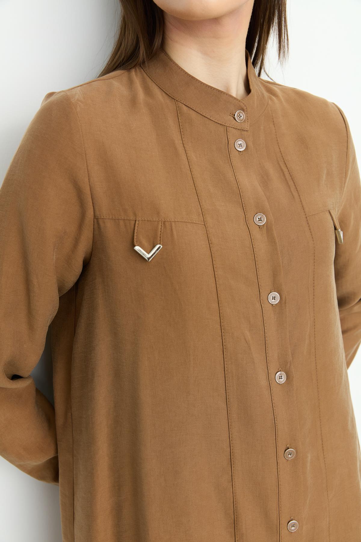 Aller Detaylı Tencel Tunik Açık Kahve