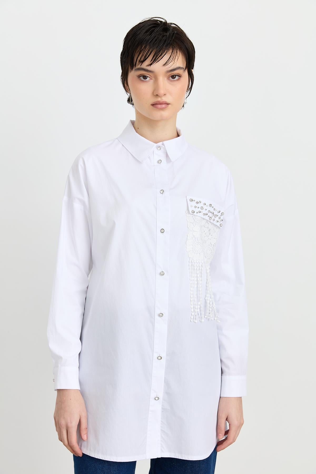 Asimetrik Detaylı Taş Aksesuarlı Poplin Tunik Beyaz