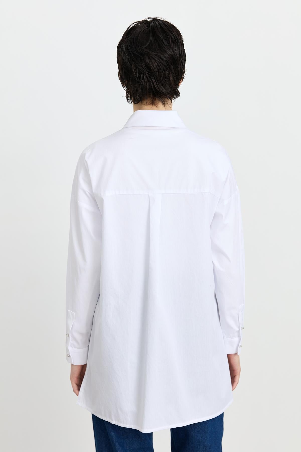 Asimetrik Detaylı Taş Aksesuarlı Poplin Tunik Beyaz