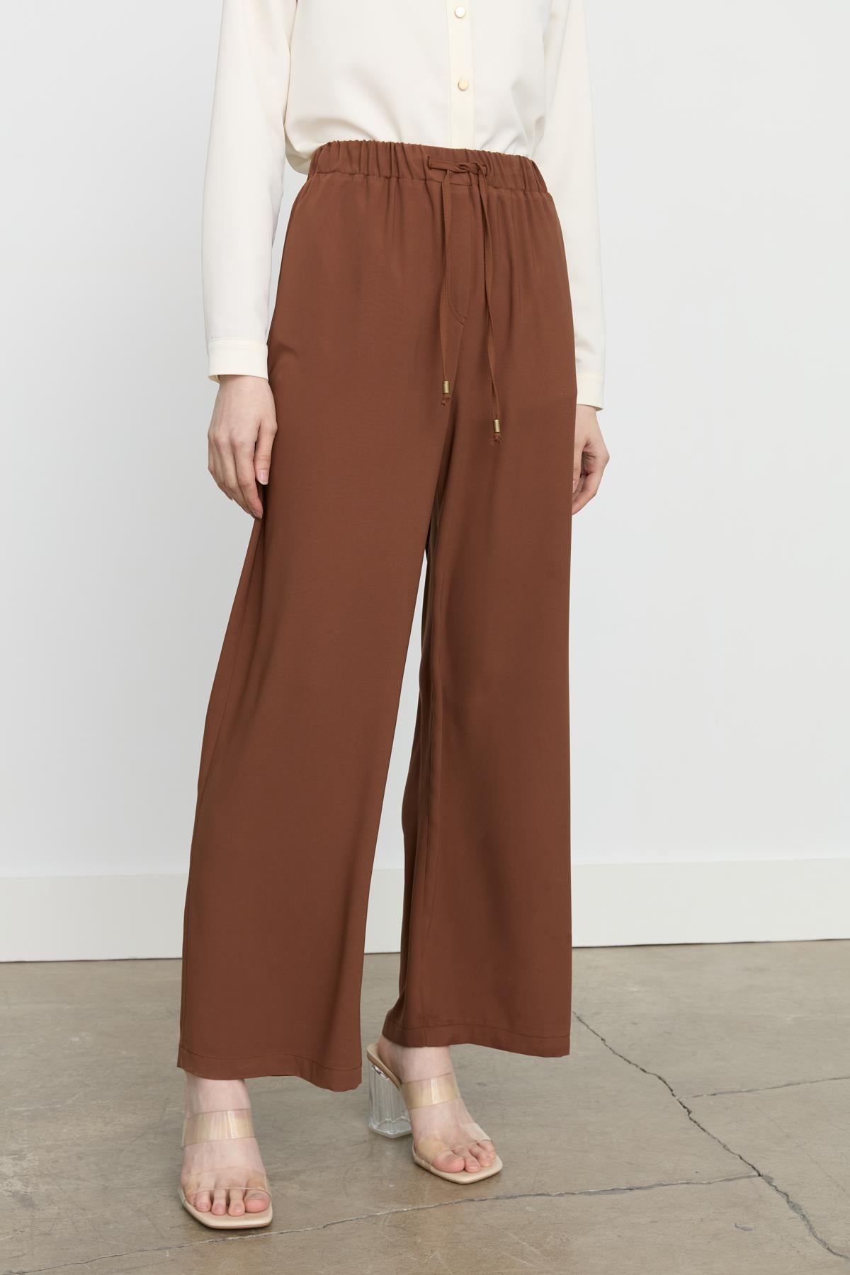 Beli Bağcıklı Bol Pantolon Taba