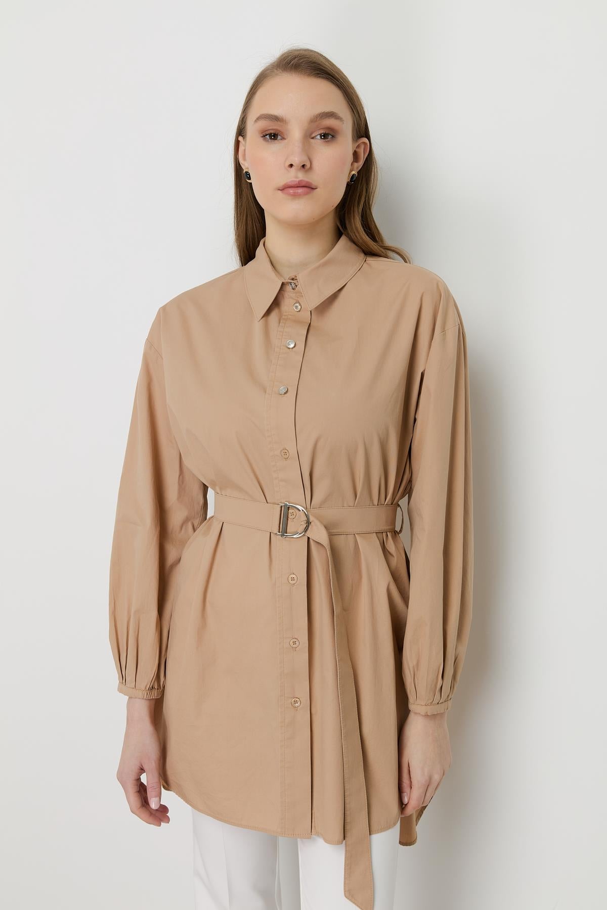 Beli Kemerli Asimetrik Tunik Camel