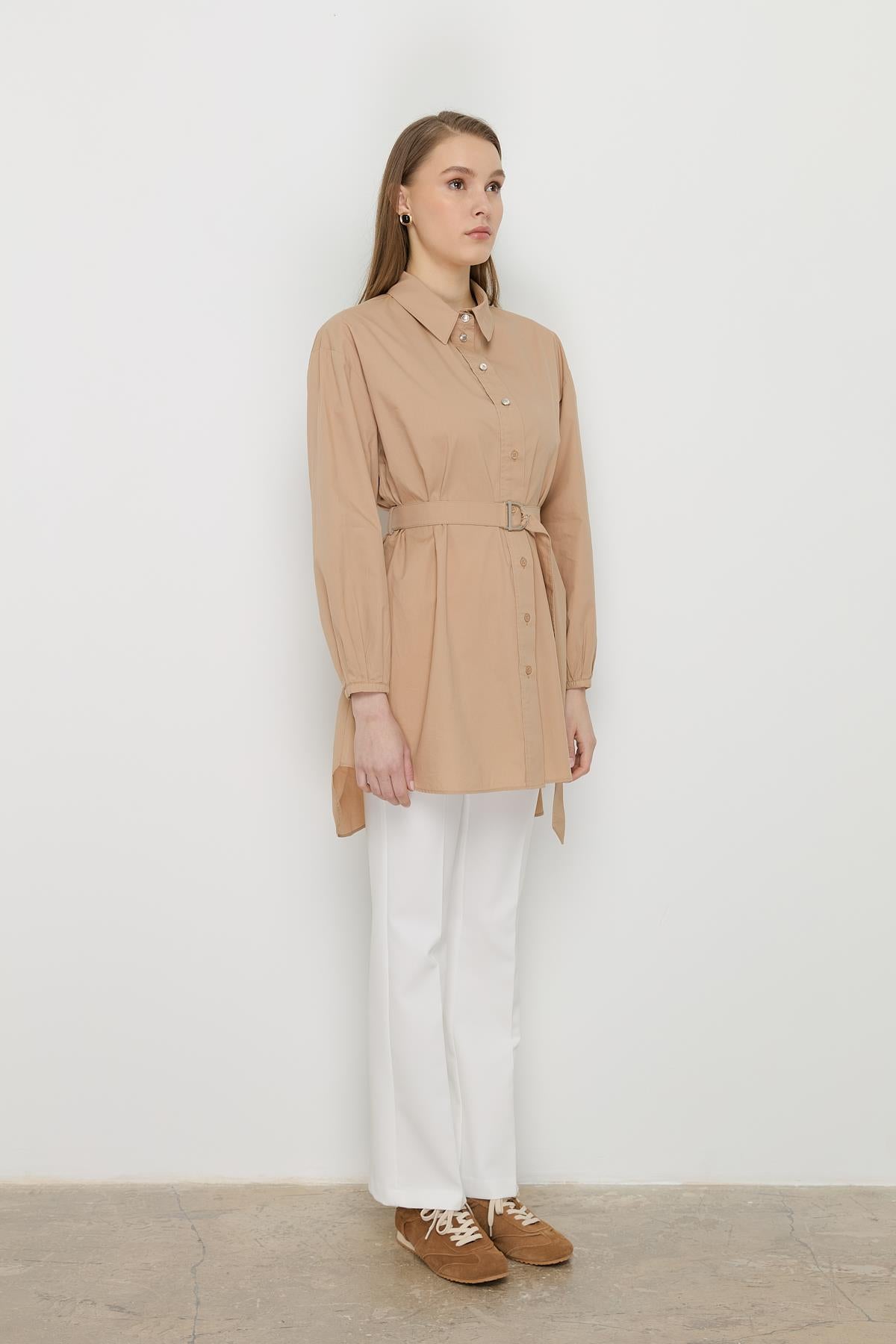 Beli Kemerli Asimetrik Tunik Camel