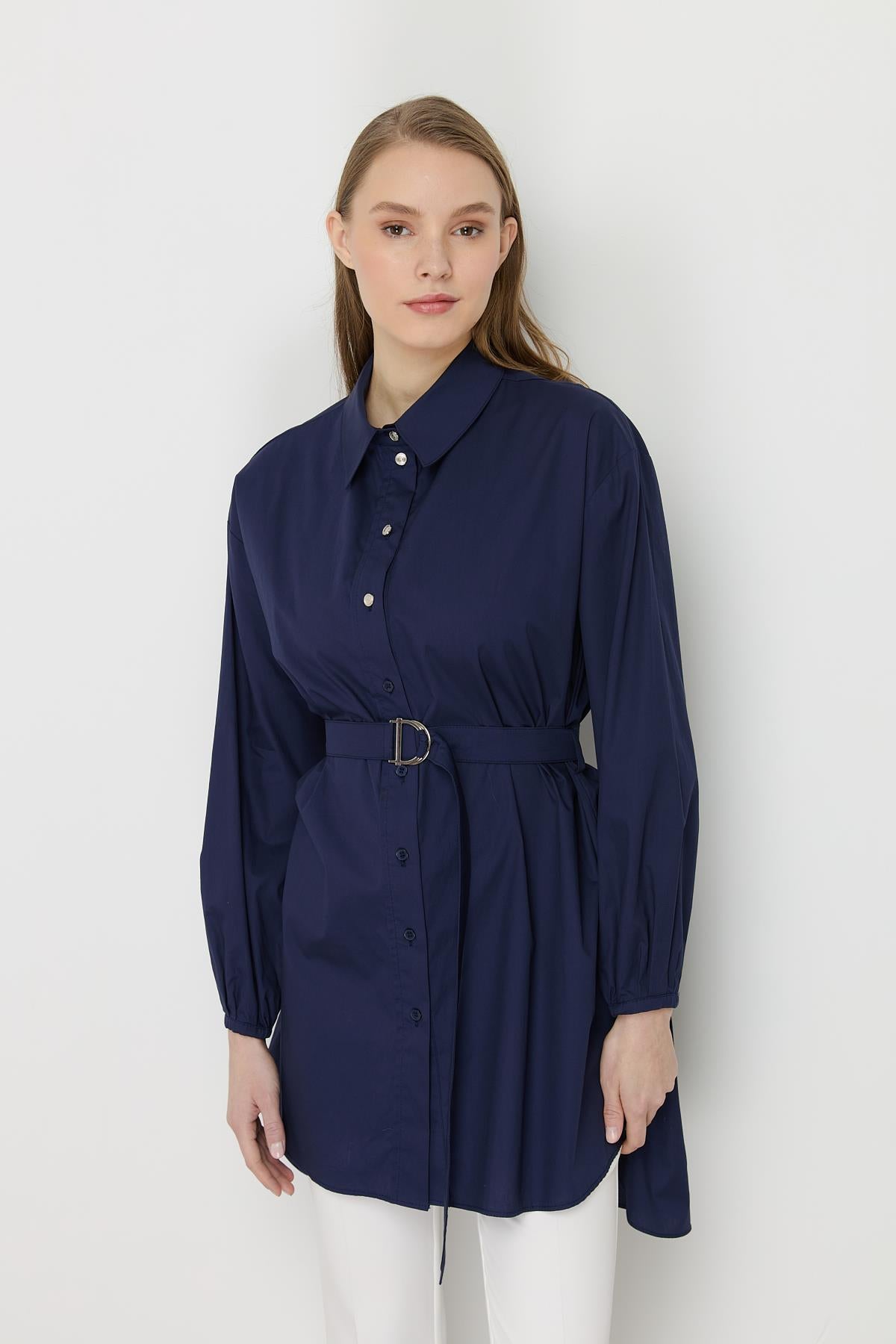 Beli Kemerli Asimetrik Tunik Lacivert