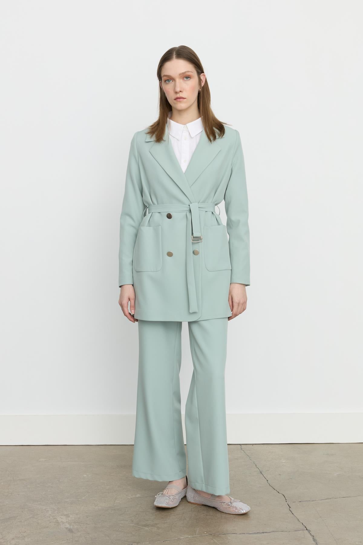 Beli Kuşaklı Blazer Ceket Aqua