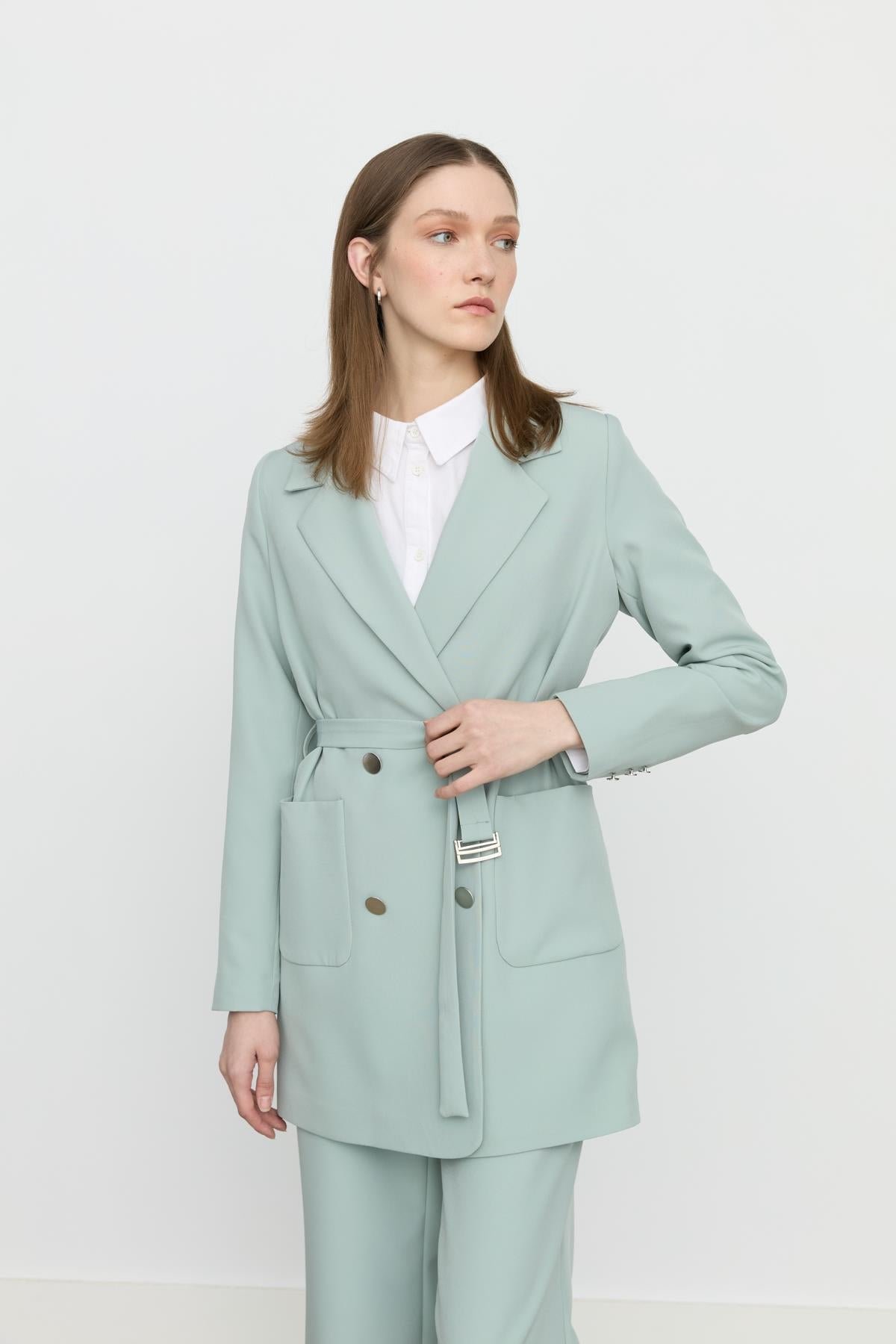 Beli Kuşaklı Blazer Ceket Aqua