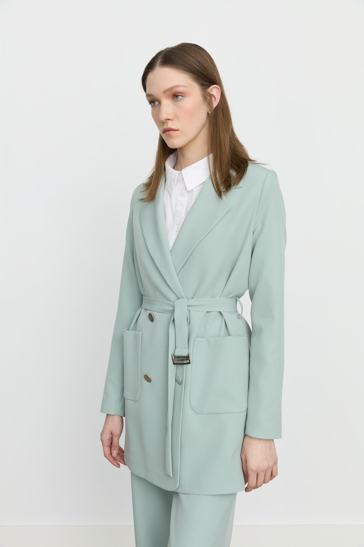 Beli Kuşaklı Blazer Ceket Aqua