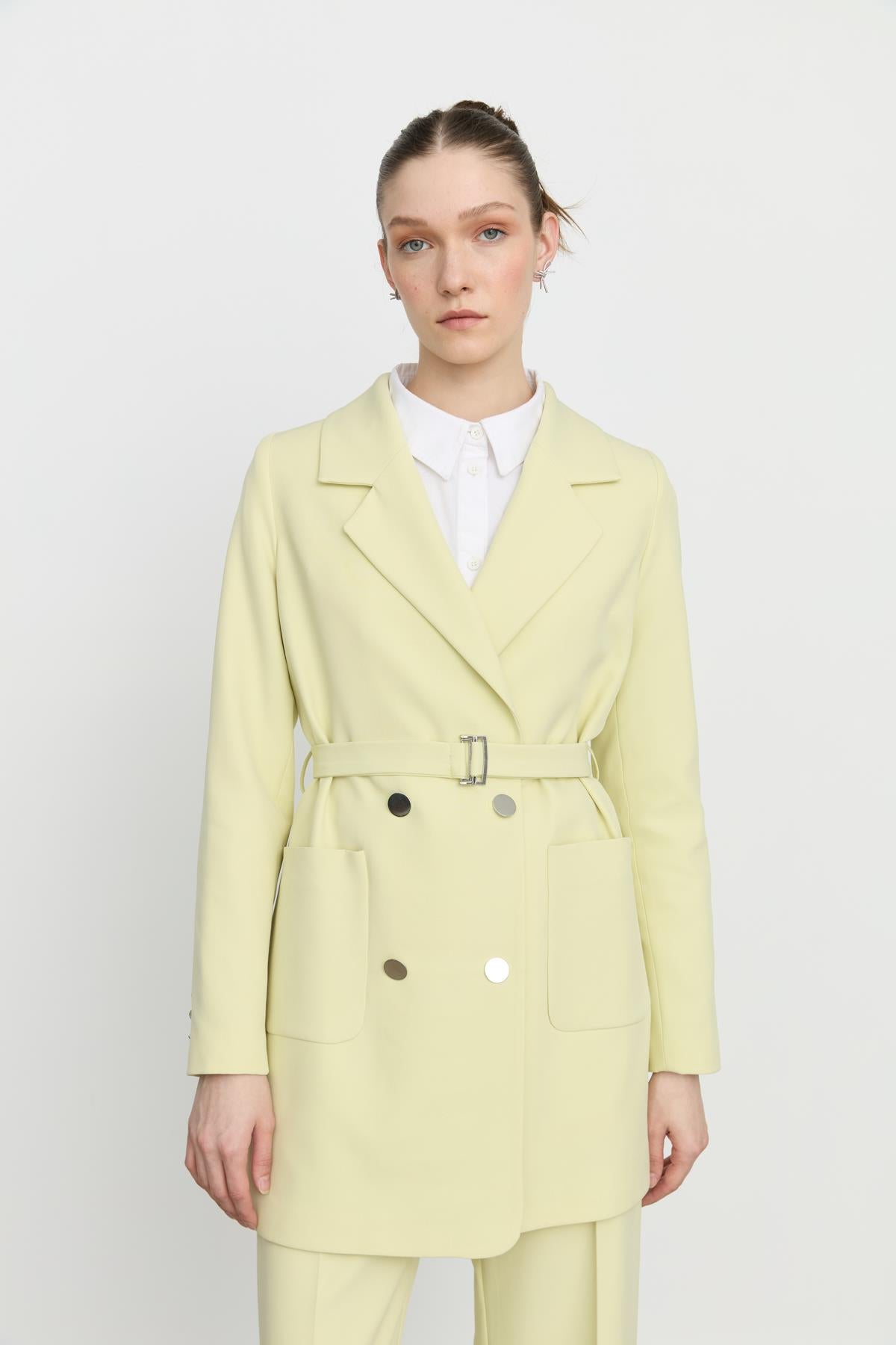 Beli Kuşaklı Blazer Ceket Fıstık Yeşili