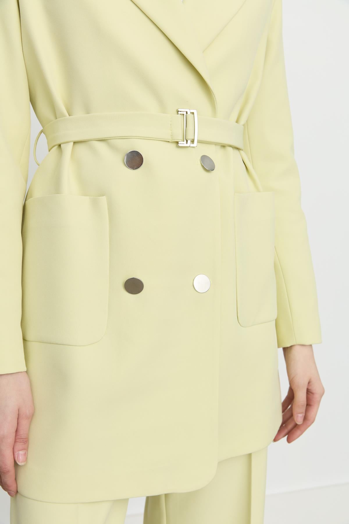 Beli Kuşaklı Blazer Ceket Fıstık Yeşili