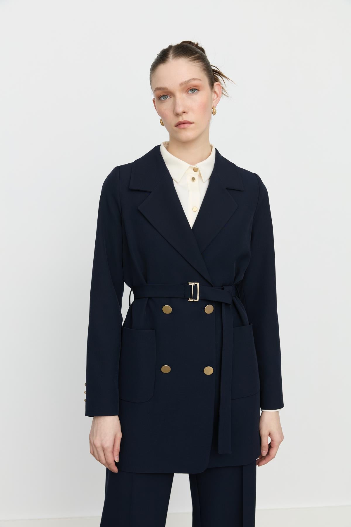 Beli Kuşaklı Blazer Ceket Lacivert