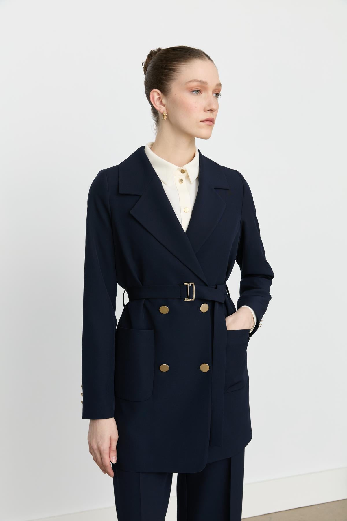 Beli Kuşaklı Blazer Ceket Lacivert