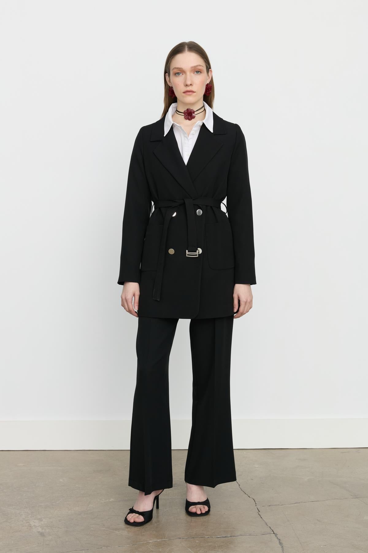 Beli Kuşaklı Blazer Ceket Siyah
