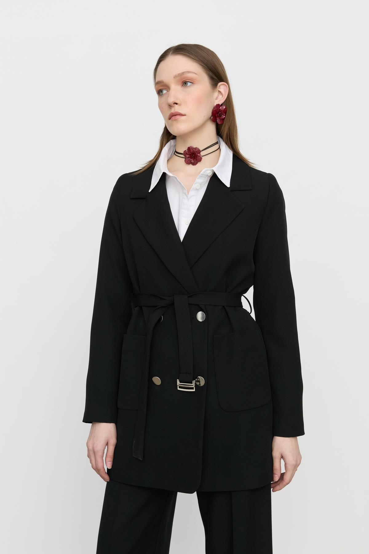 Beli Kuşaklı Blazer Ceket Siyah