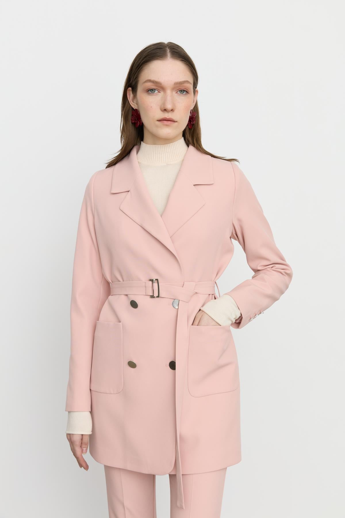 Beli Kuşaklı Blazer Ceket Somon