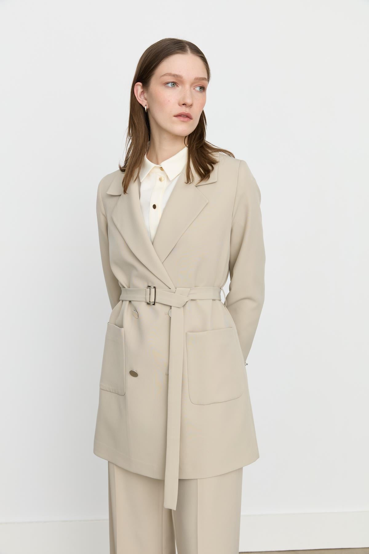 Beli Kuşaklı Blazer Ceket Taş