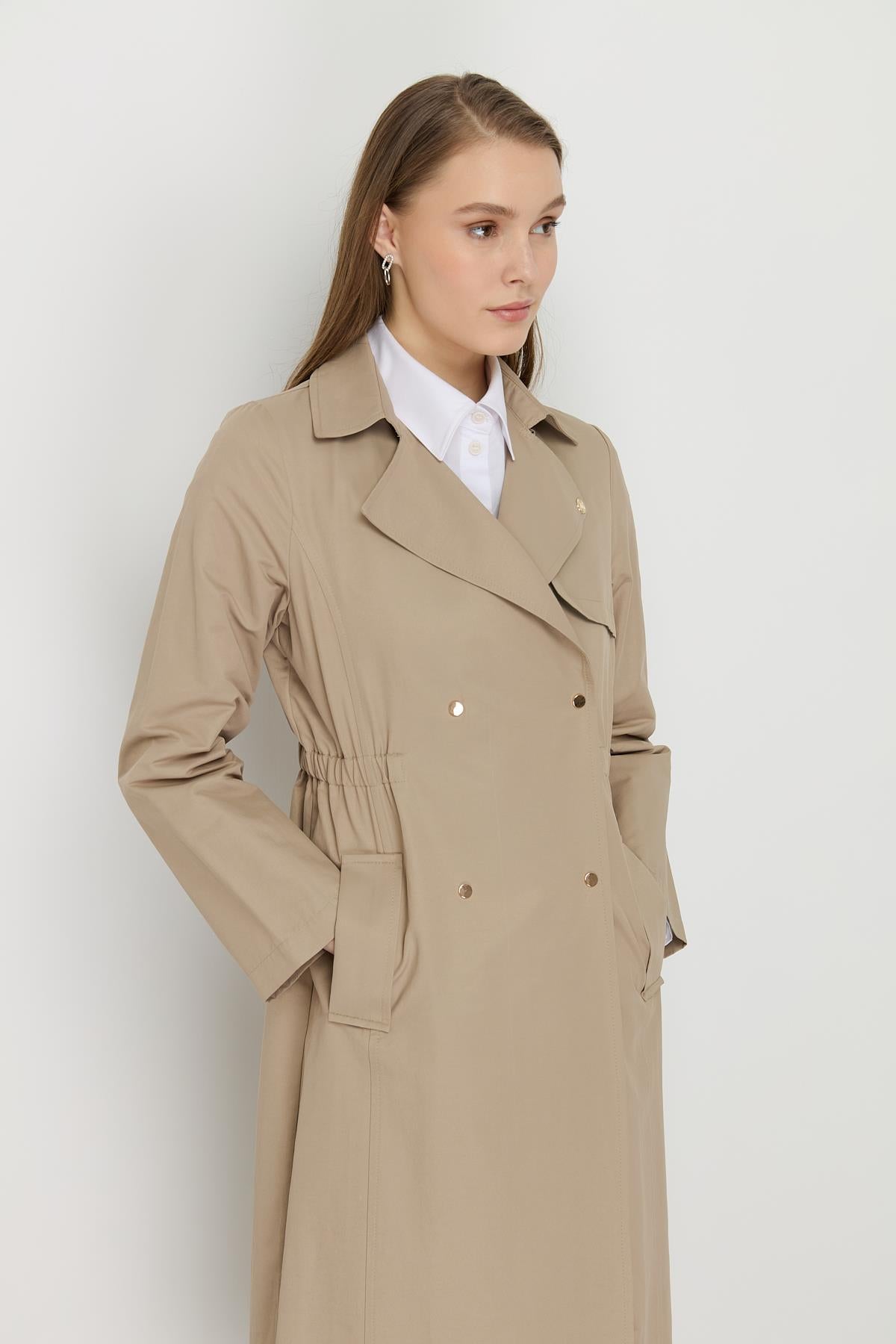 Beli Lastik Detaylı Metal Çıt Çıtlı Trençkot Olive
