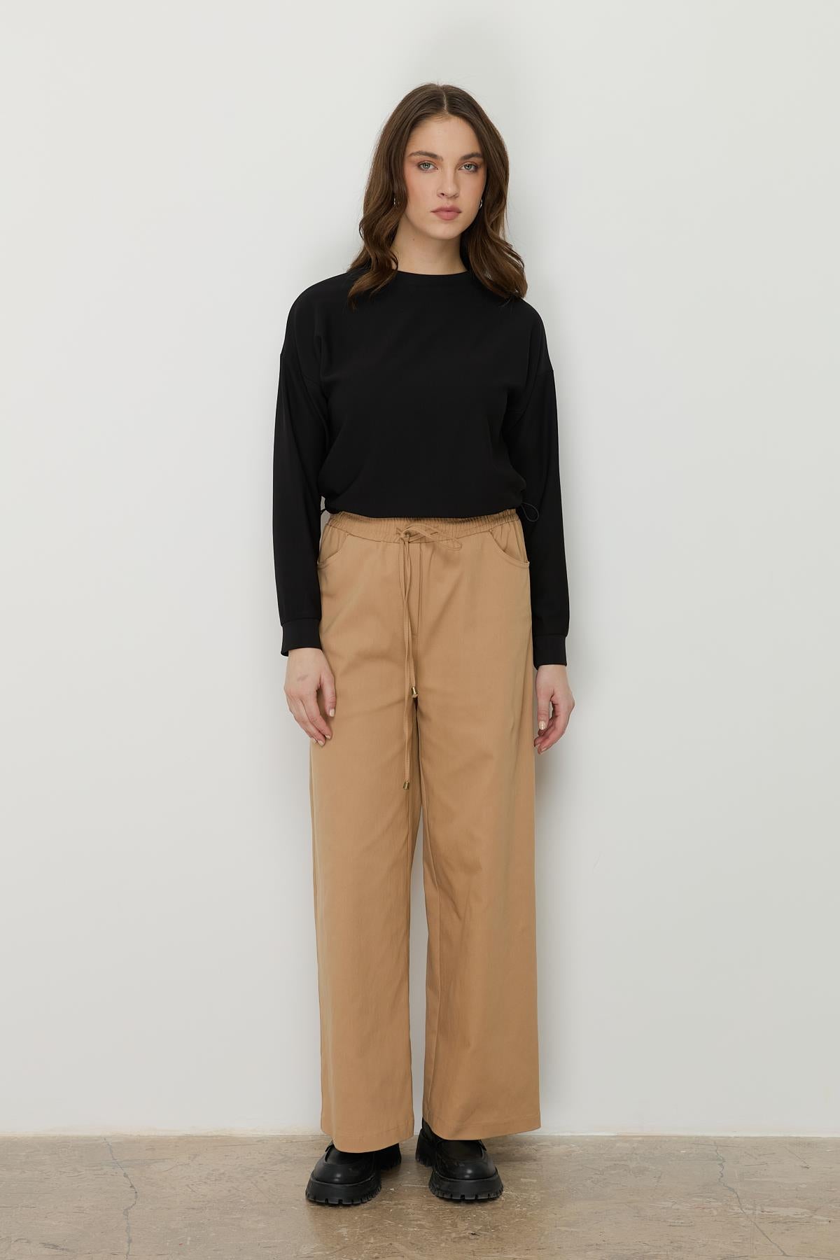 Beli Lastikli Bol Paça Kanvas Pantolon Camel