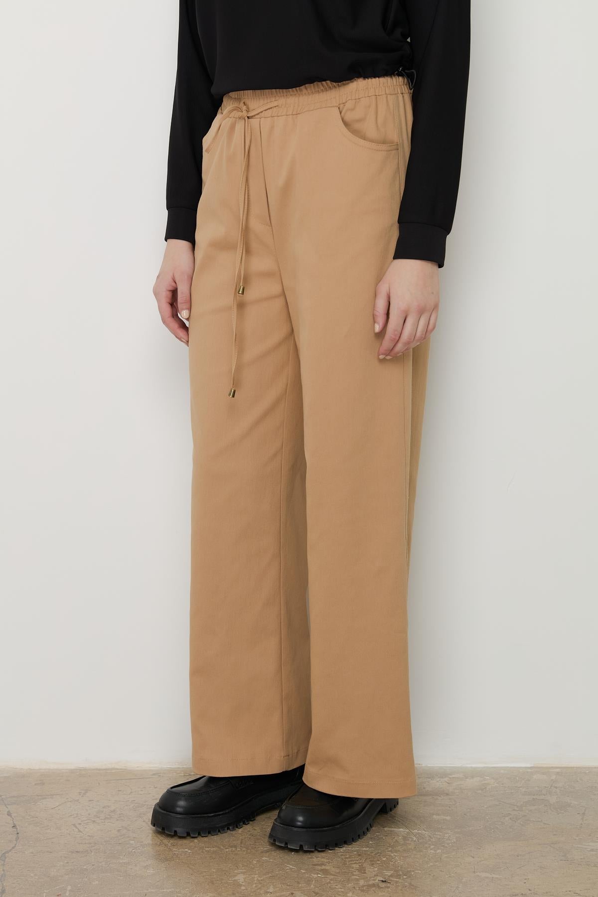 Beli Lastikli Bol Paça Kanvas Pantolon Camel