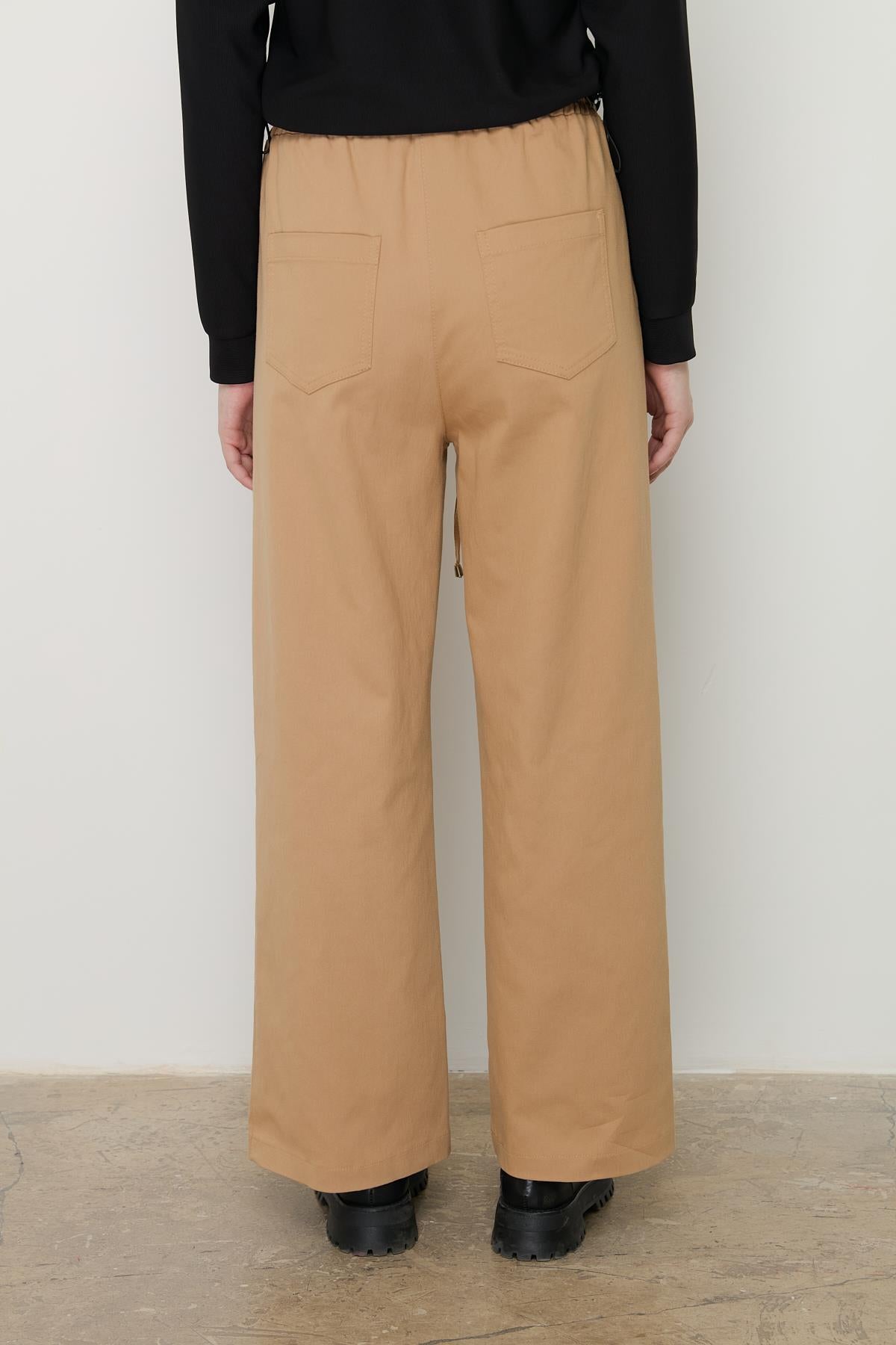 Beli Lastikli Bol Paça Kanvas Pantolon Camel