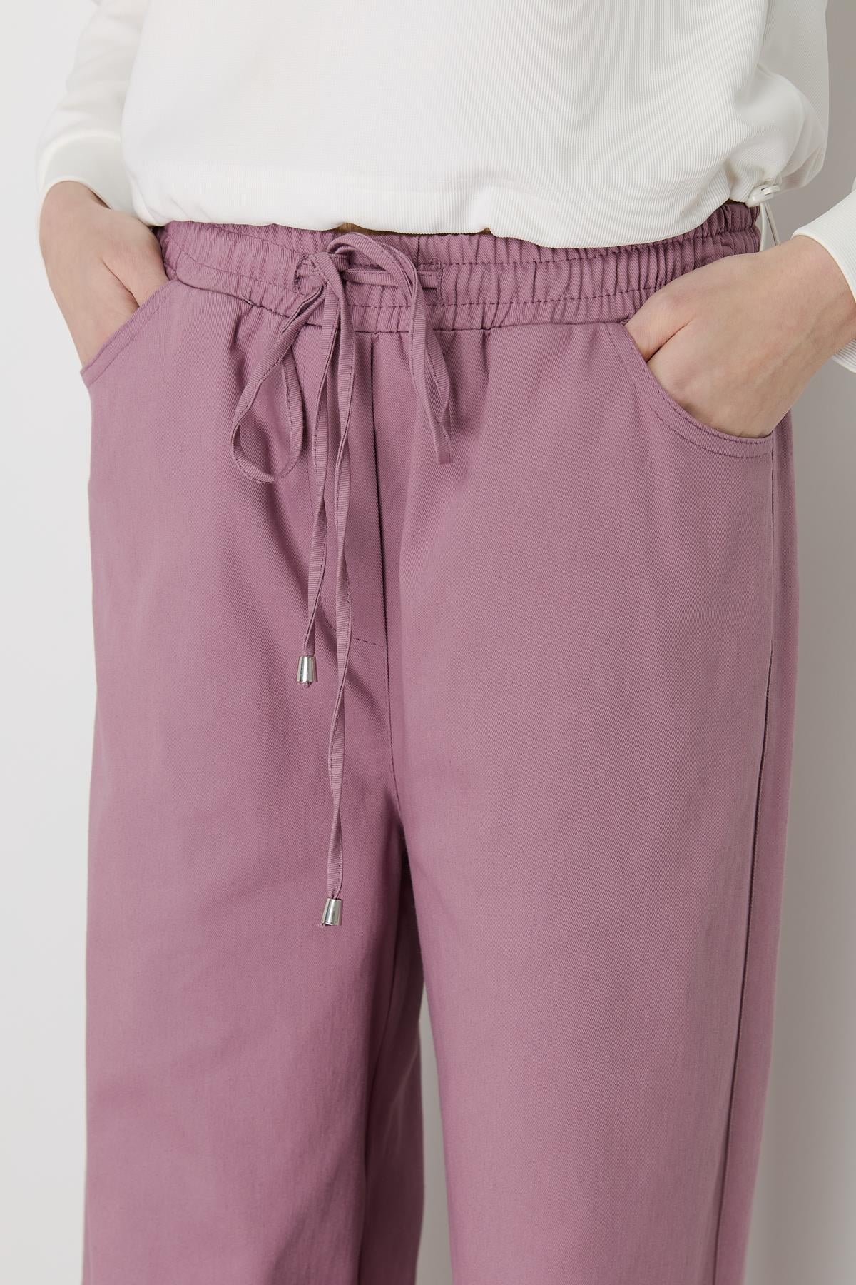 Beli Lastikli Bol Paça Kanvas Pantolon Gül Kurusu