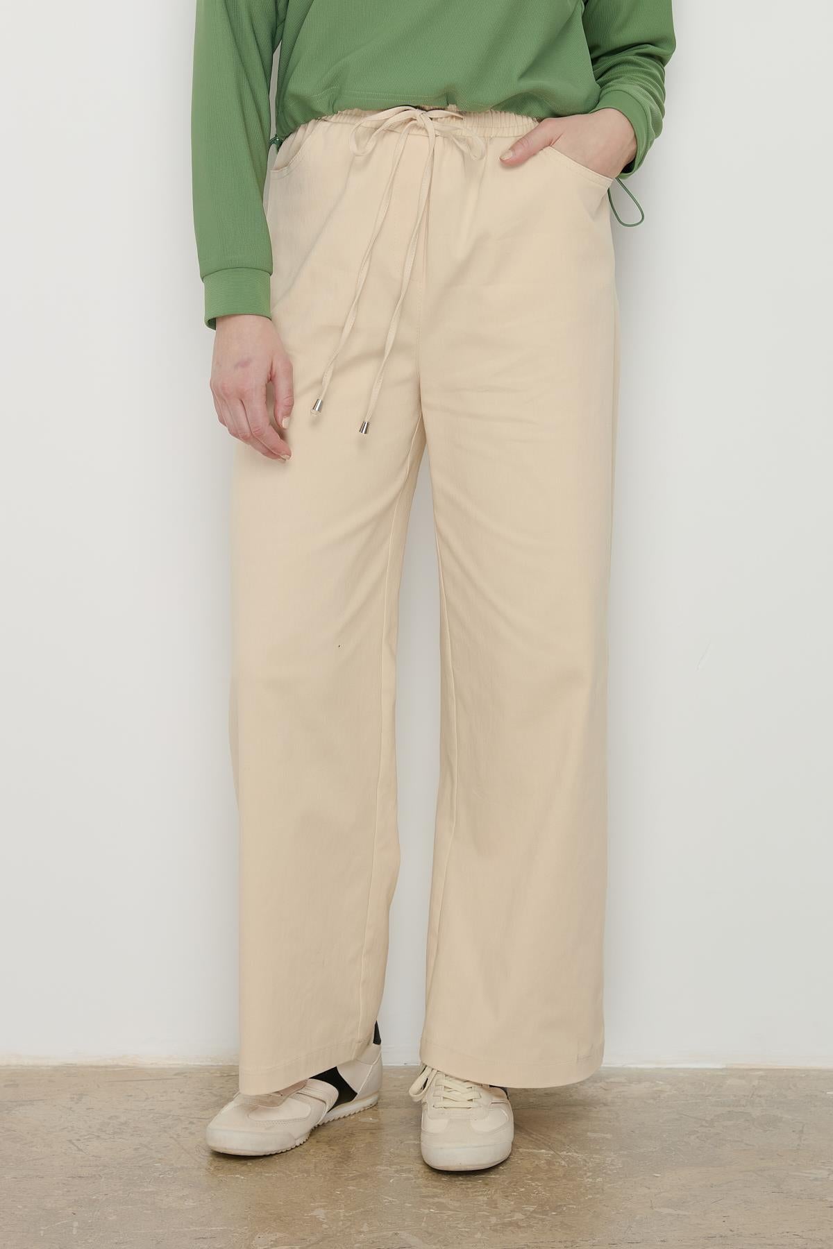 Beli Lastikli Bol Paça Kanvas Pantolon Krem