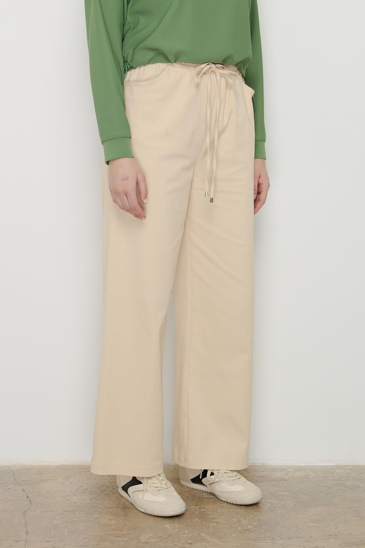 Beli Lastikli Bol Paça Kanvas Pantolon Krem