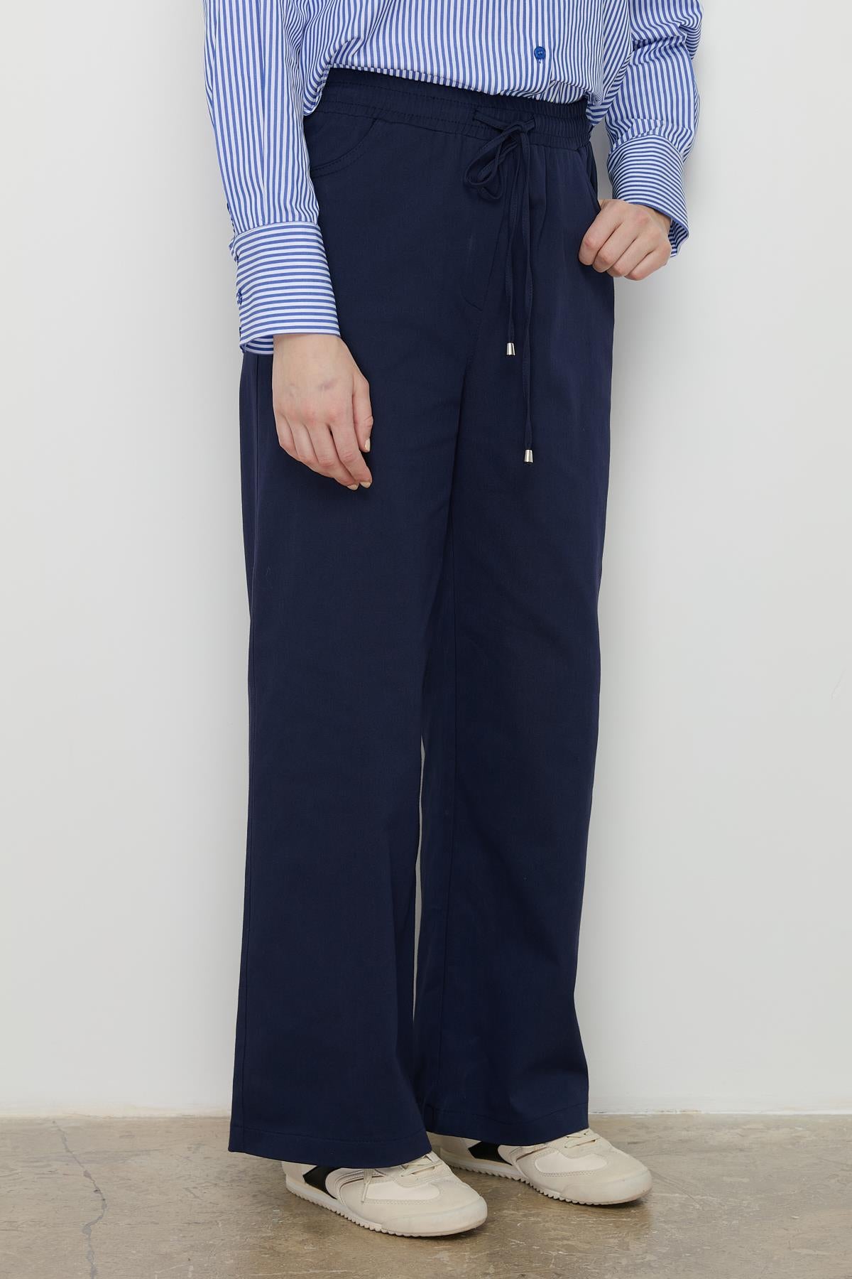 Beli Lastikli Bol Paça Kanvas Pantolon Lacivert