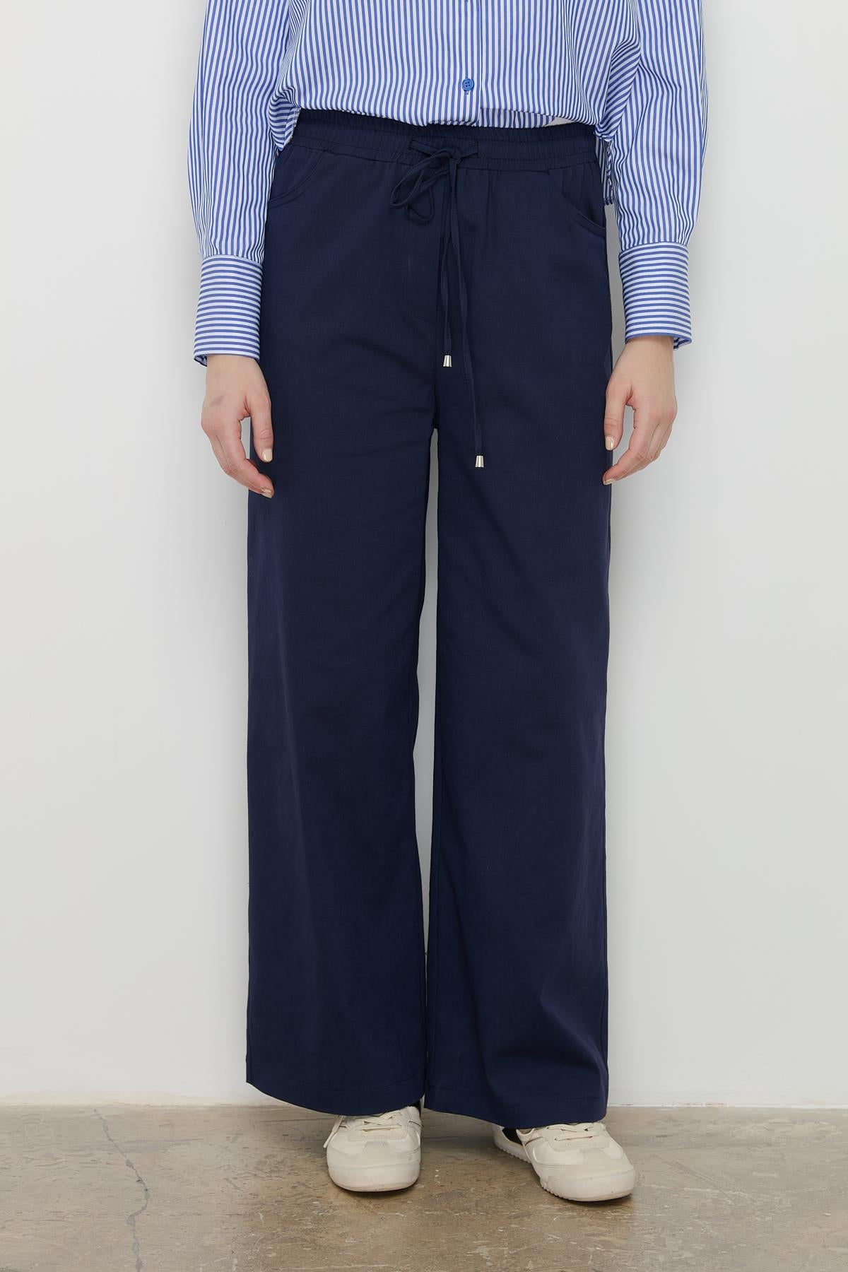 Beli Lastikli Bol Paça Kanvas Pantolon Lacivert