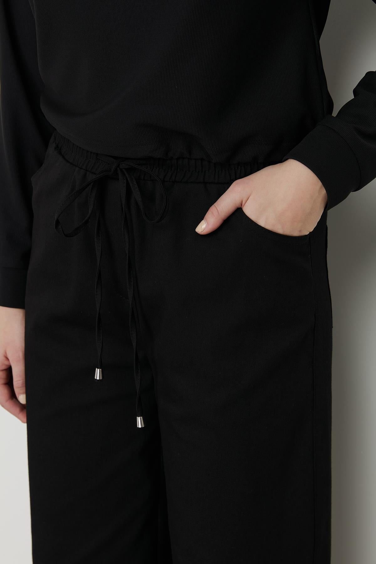 Beli Lastikli Bol Paça Kanvas Pantolon Siyah