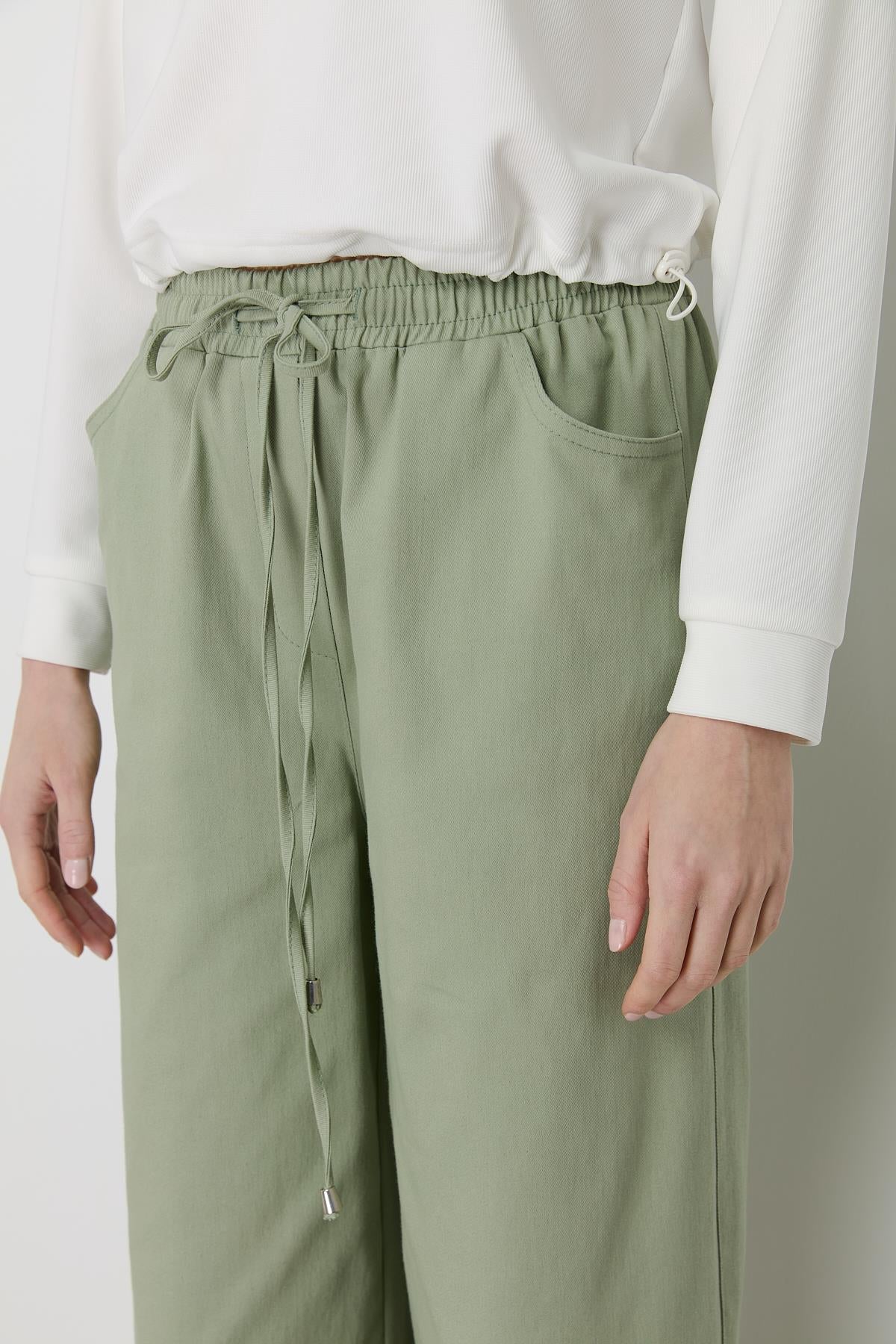 Beli Lastikli Bol Paça Kanvas Pantolon Yeşil