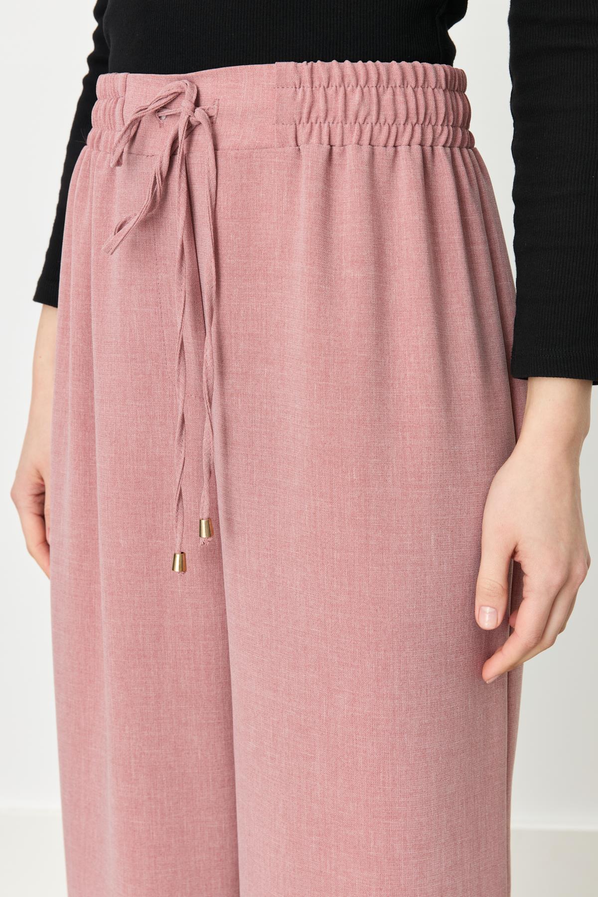 Beli Lastikli Bol Paça Pantolon Gül Kurusu