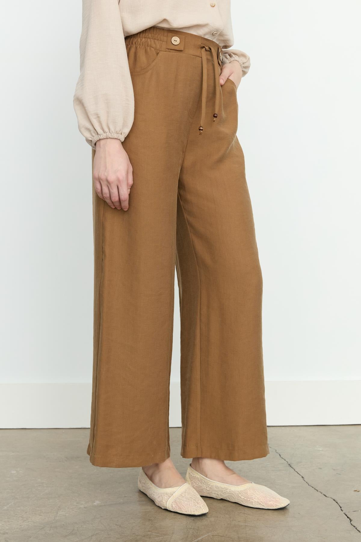 Beli Lastikli Bol Paça Tencel Pantolon Açık Kahve