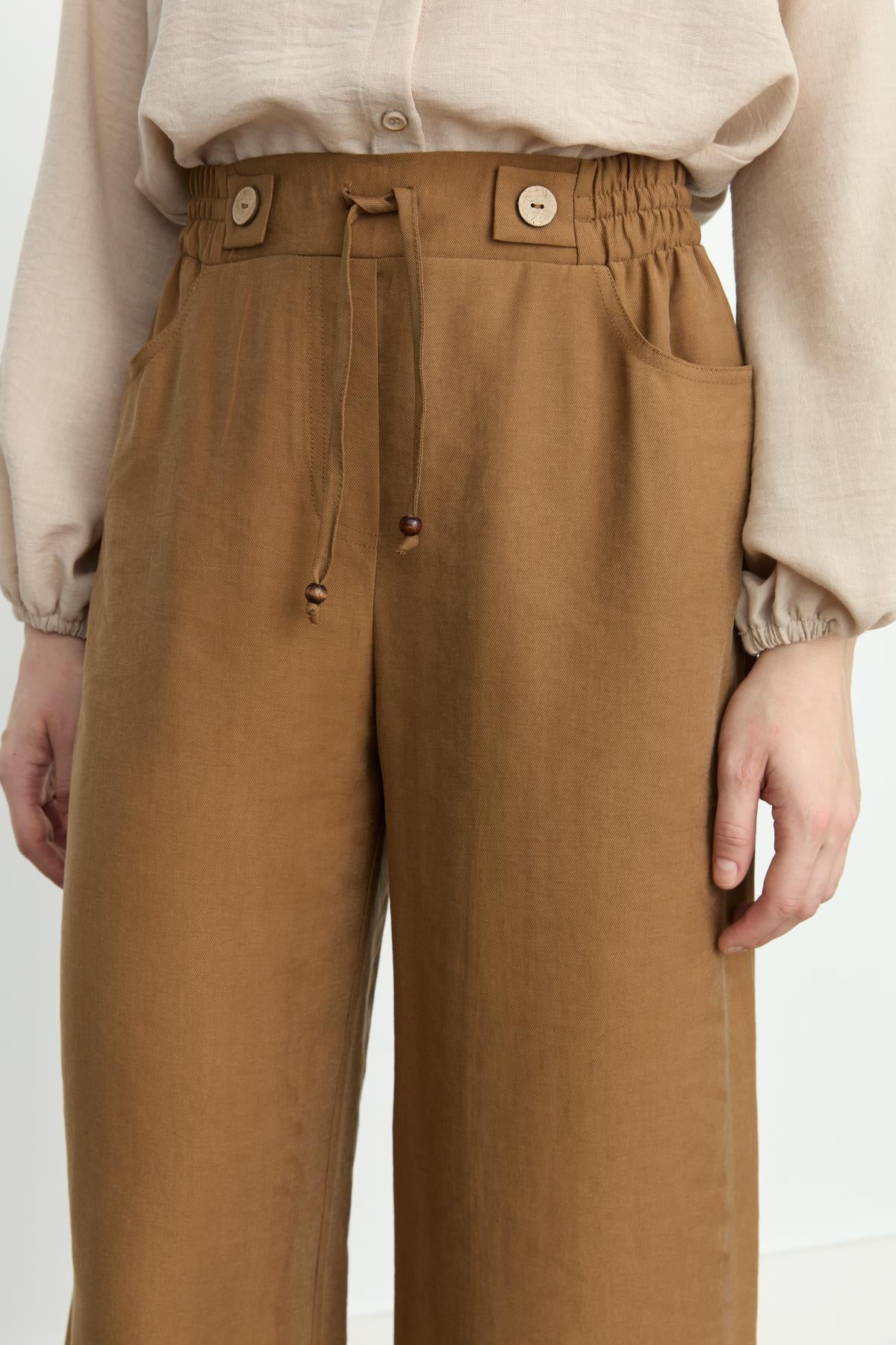 Beli Lastikli Bol Paça Tencel Pantolon Açık Kahve