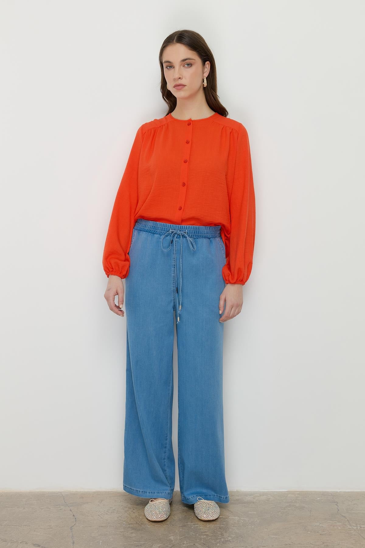 Beli Lastikli Bol Paça Tencel Pantolon Buz