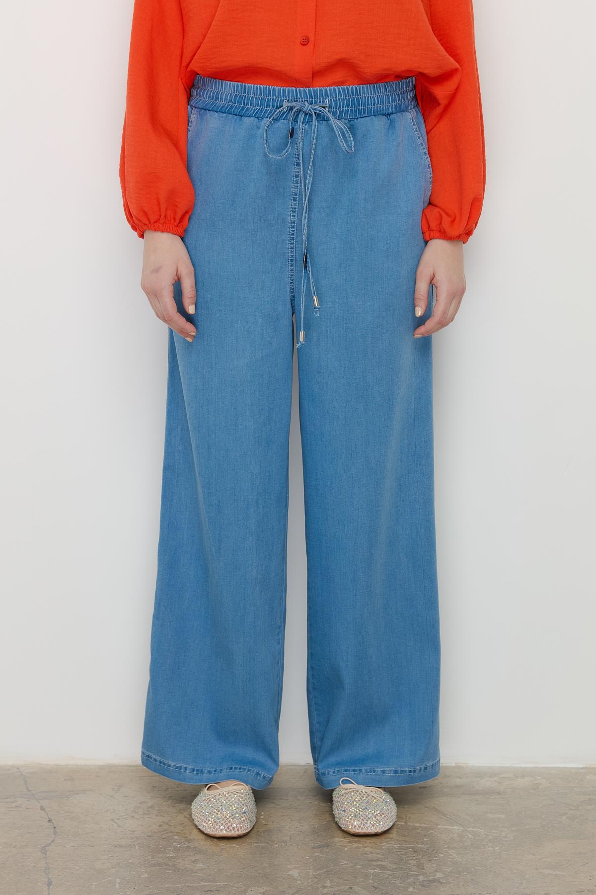 Beli Lastikli Bol Paça Tencel Pantolon Buz