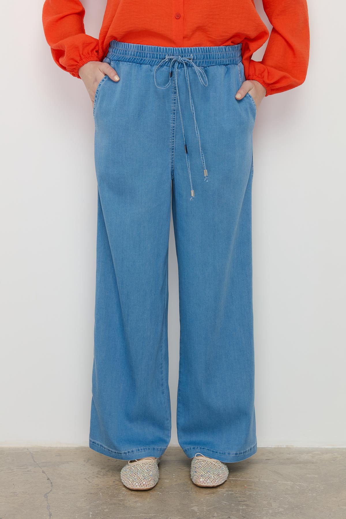 Beli Lastikli Bol Paça Tencel Pantolon Buz