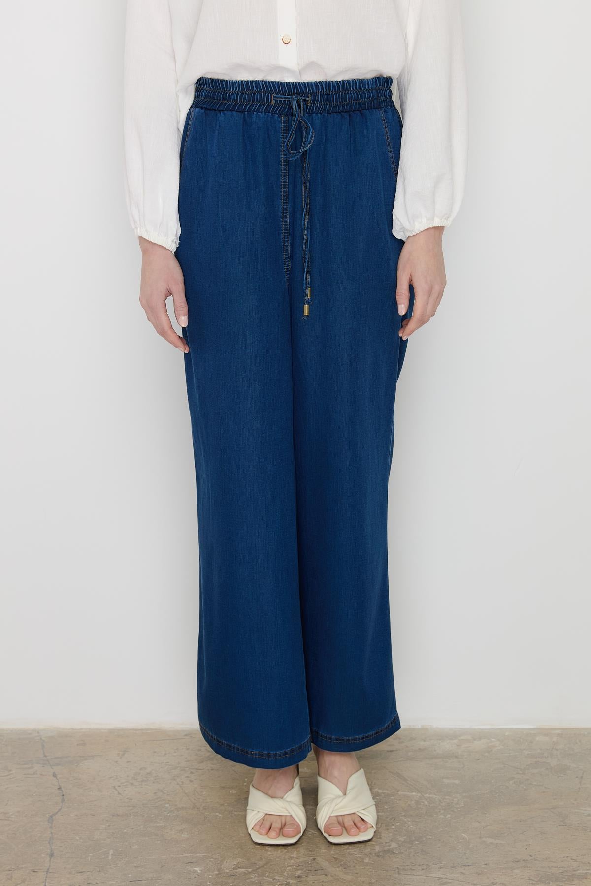 Beli Lastikli Bol Paça Tencel Pantolon İndigo