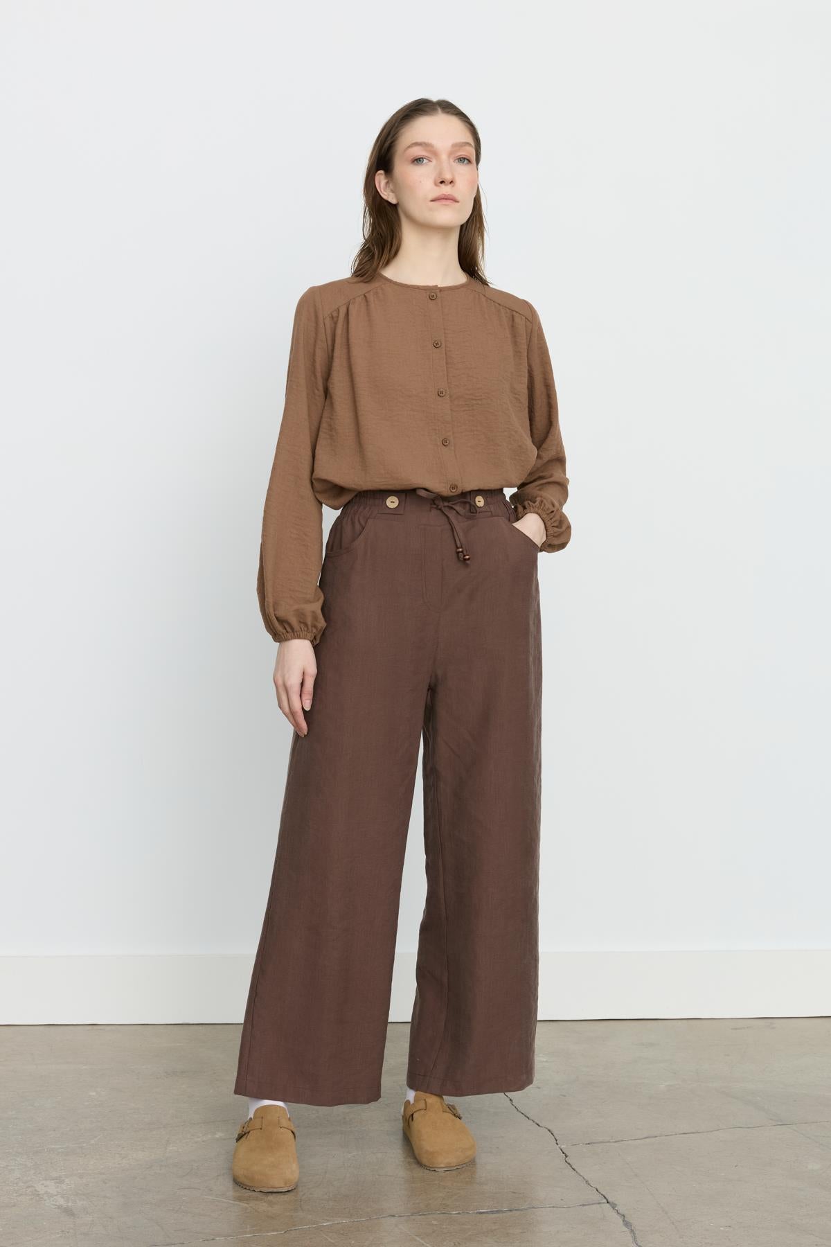 Beli Lastikli Bol Paça Tencel Pantolon Kahve