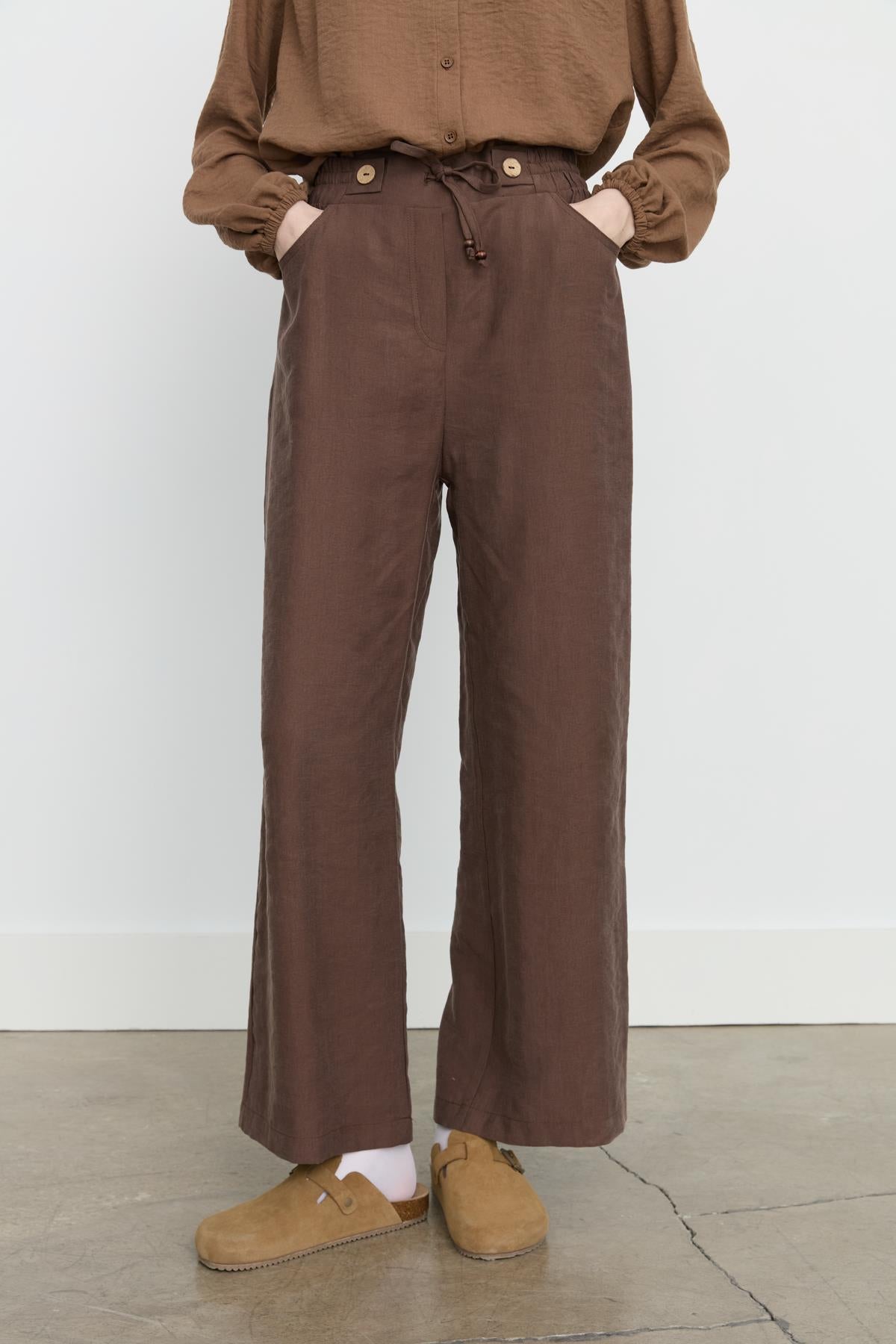 Beli Lastikli Bol Paça Tencel Pantolon Kahve