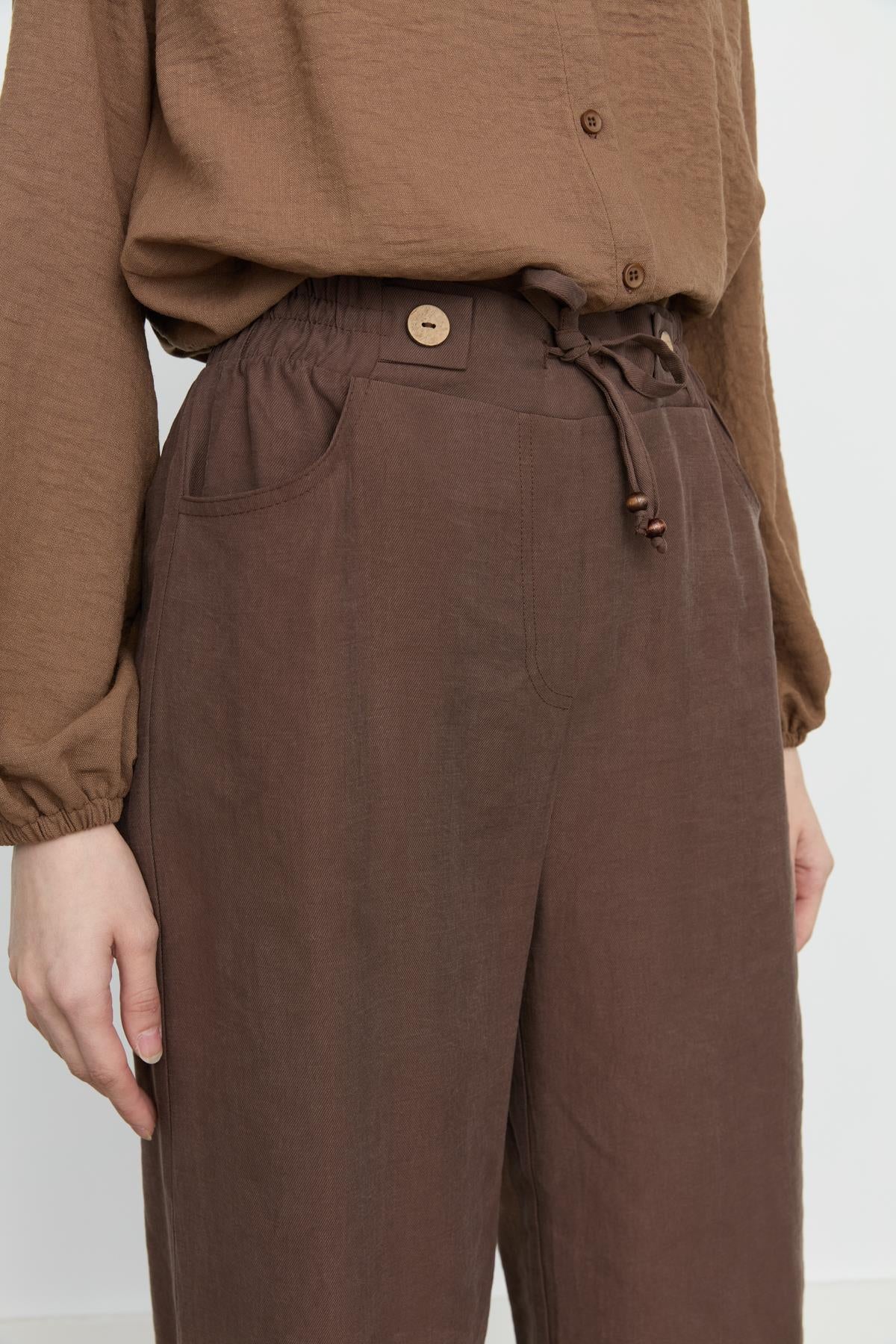 Beli Lastikli Bol Paça Tencel Pantolon Kahve