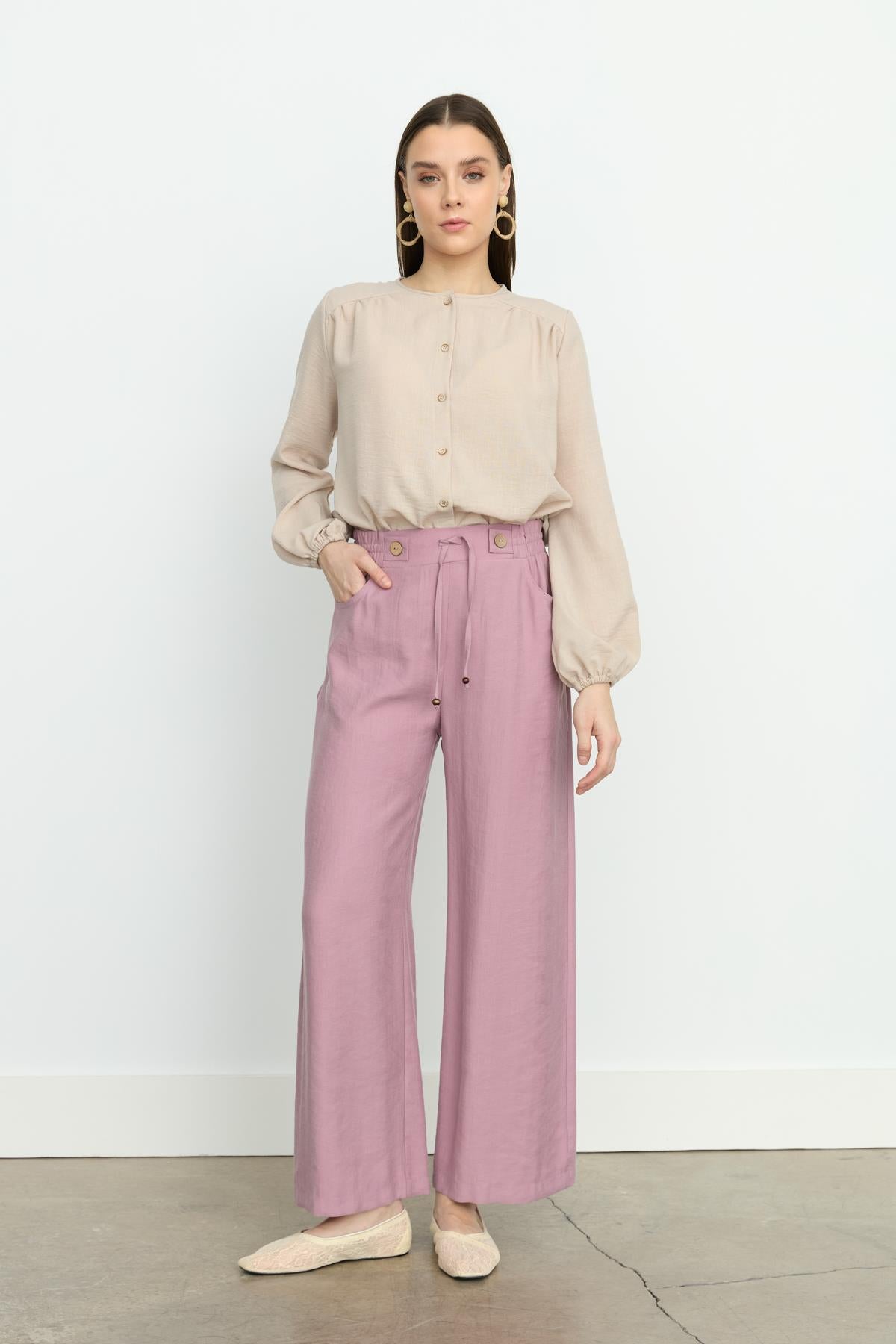 Beli Lastikli Bol Paça Tencel Pantolon Lavanta