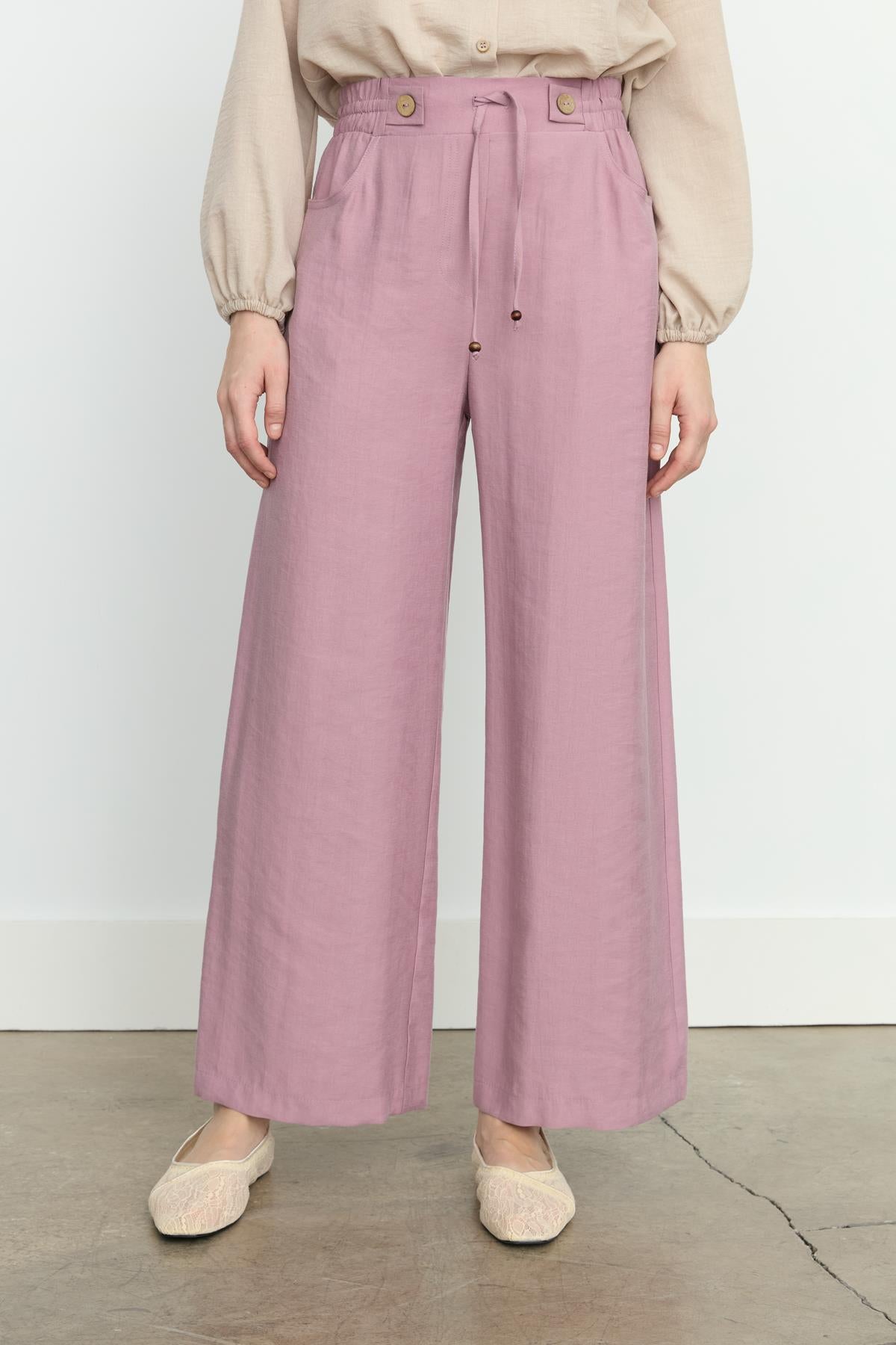 Beli Lastikli Bol Paça Tencel Pantolon Lavanta