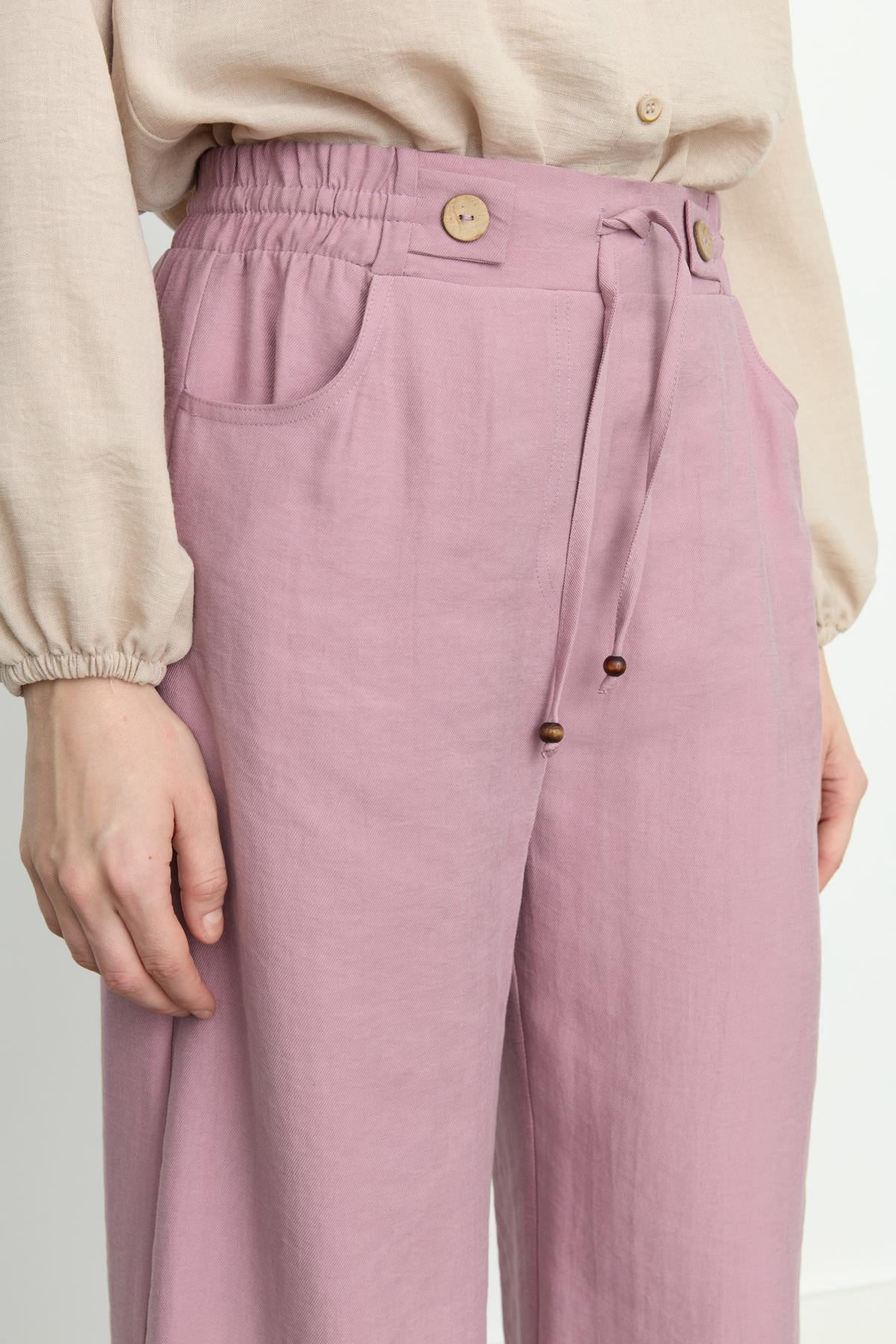 Beli Lastikli Bol Paça Tencel Pantolon Lavanta
