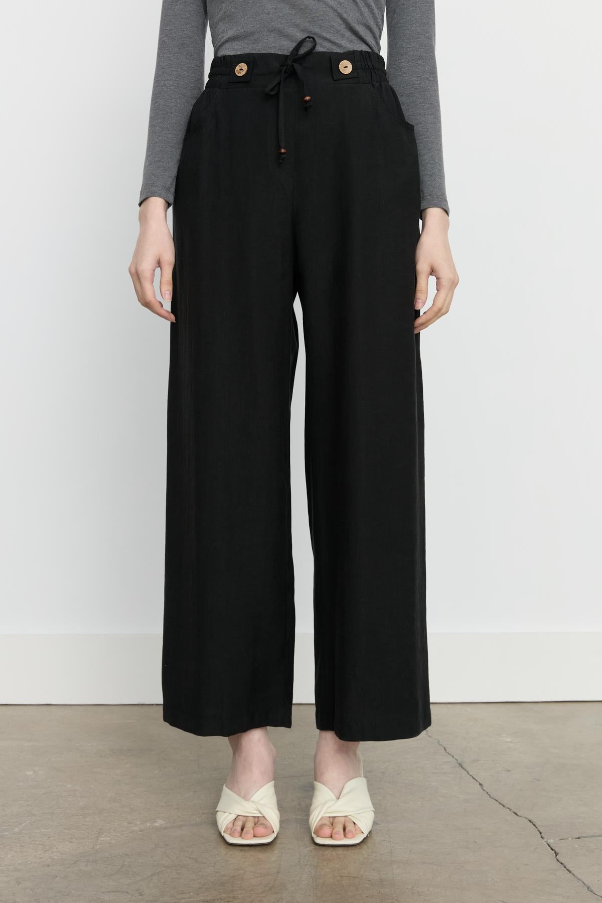 Beli Lastikli Bol Paça Tencel Pantolon Siyah