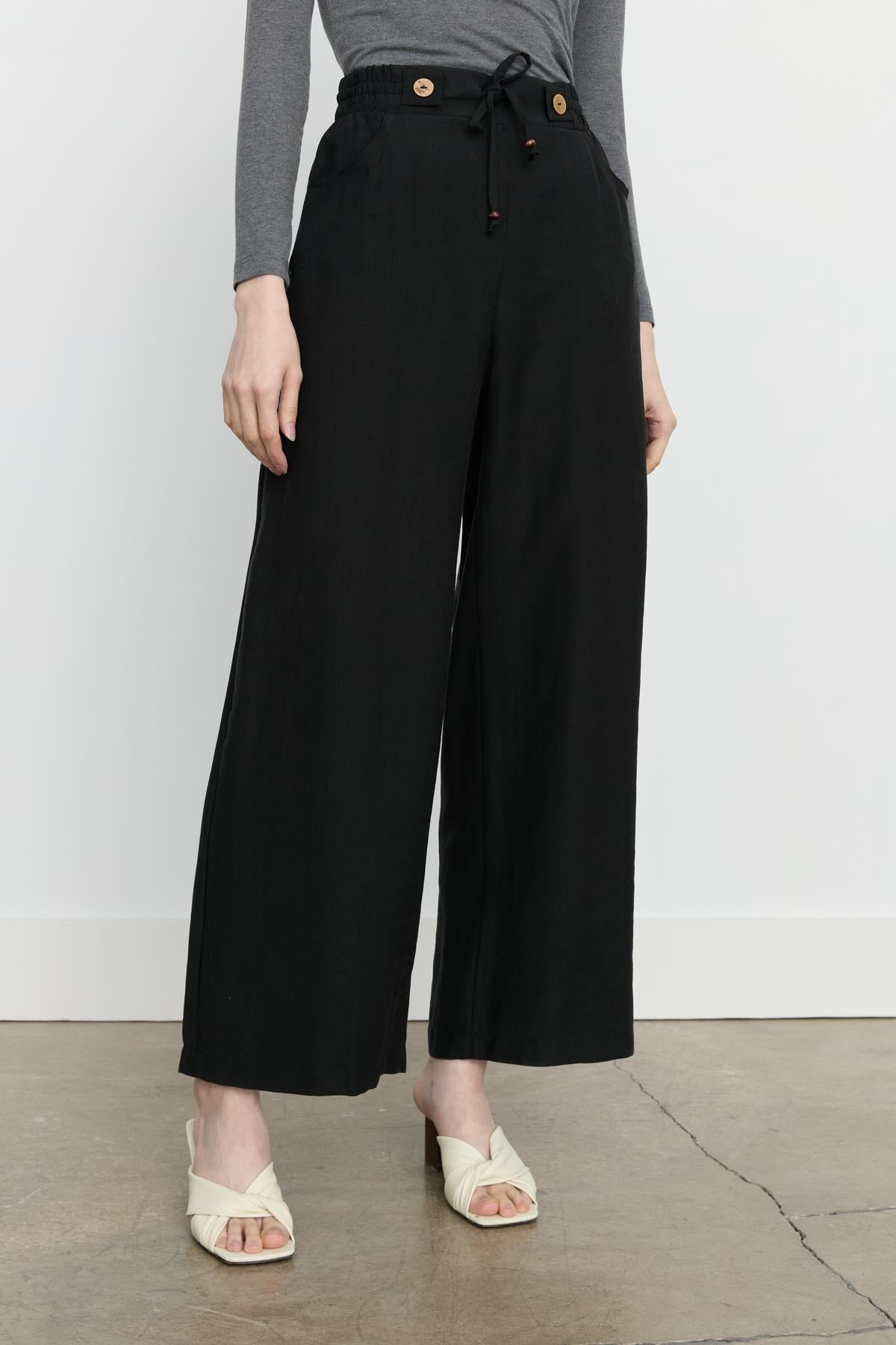 Beli Lastikli Bol Paça Tencel Pantolon Siyah