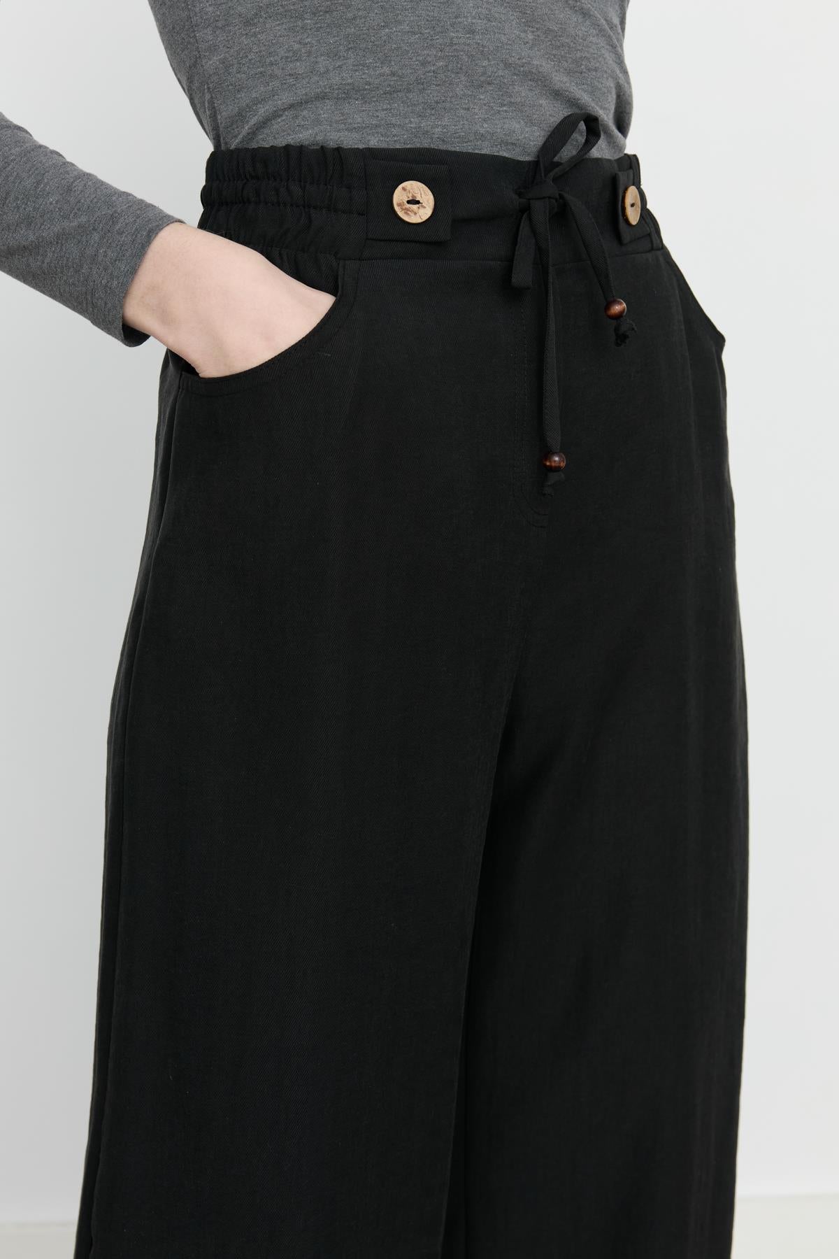 Beli Lastikli Bol Paça Tencel Pantolon Siyah
