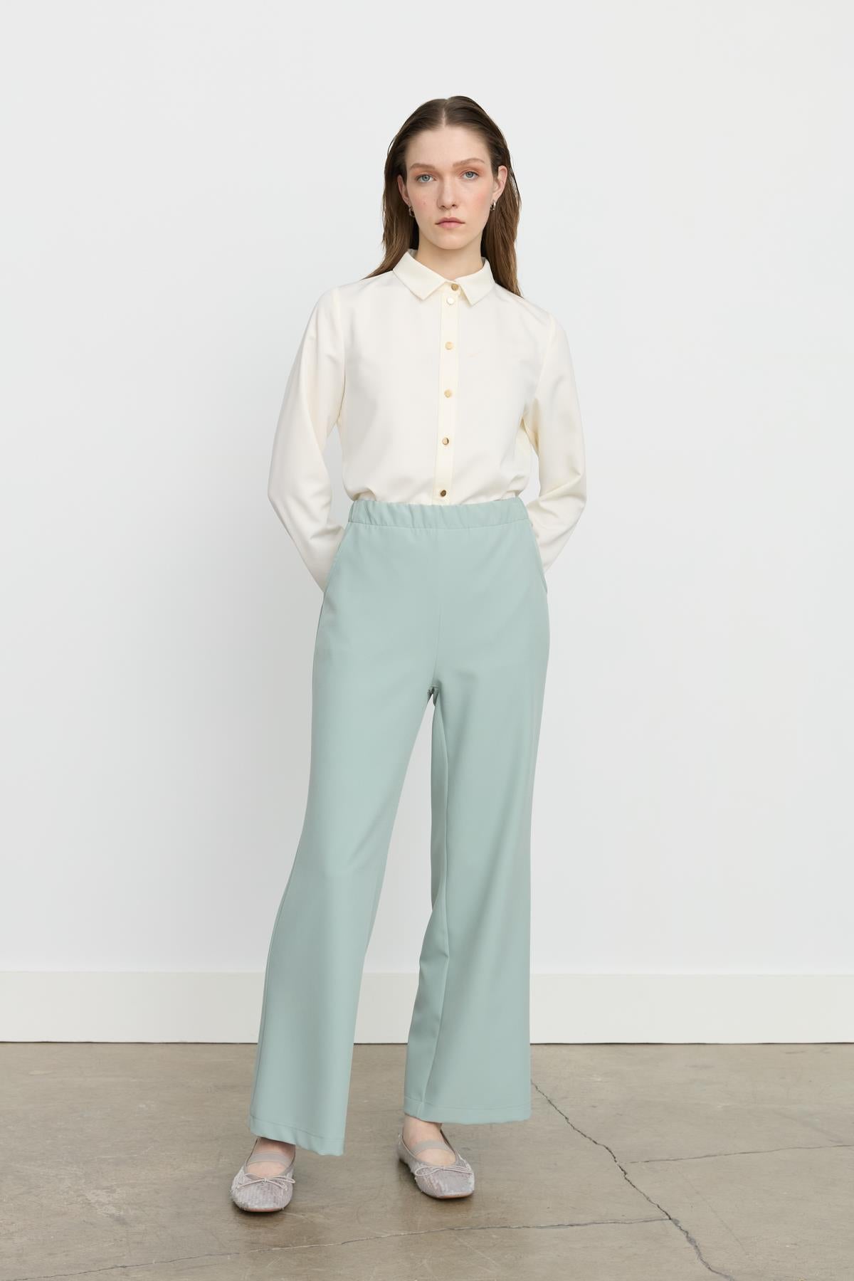 Beli Lastikli Ütü İzli Pantolon Aqua