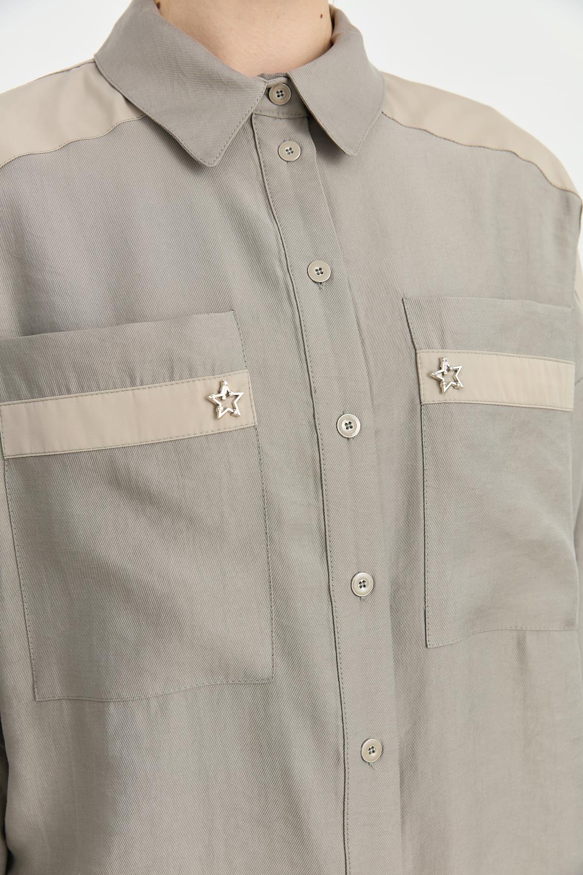 Cep Detaylı Gömlek Yaka Tencel Tunik Gri