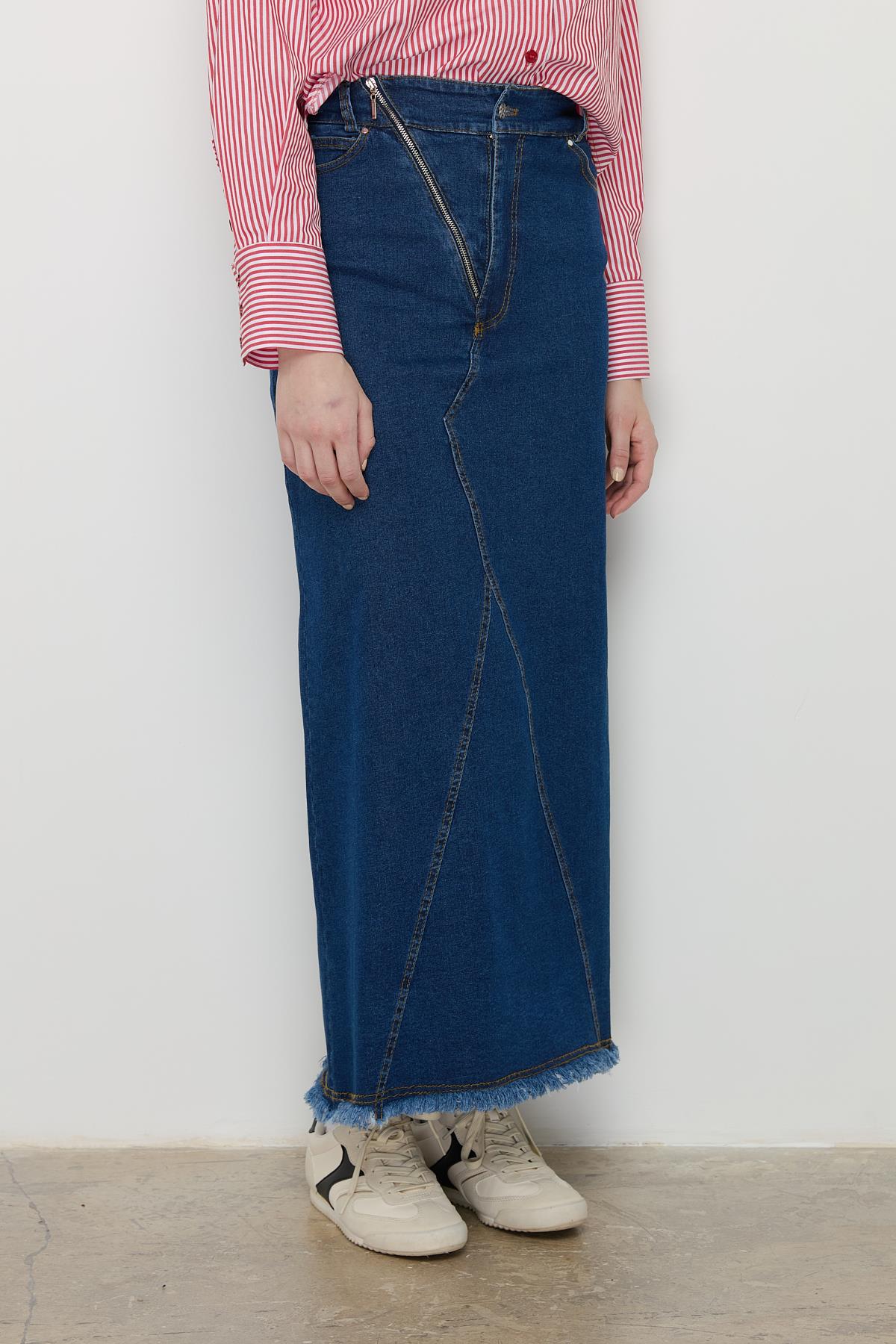 Çıt Çıtlı Fermuar Detaylı Denim Etek İndigo